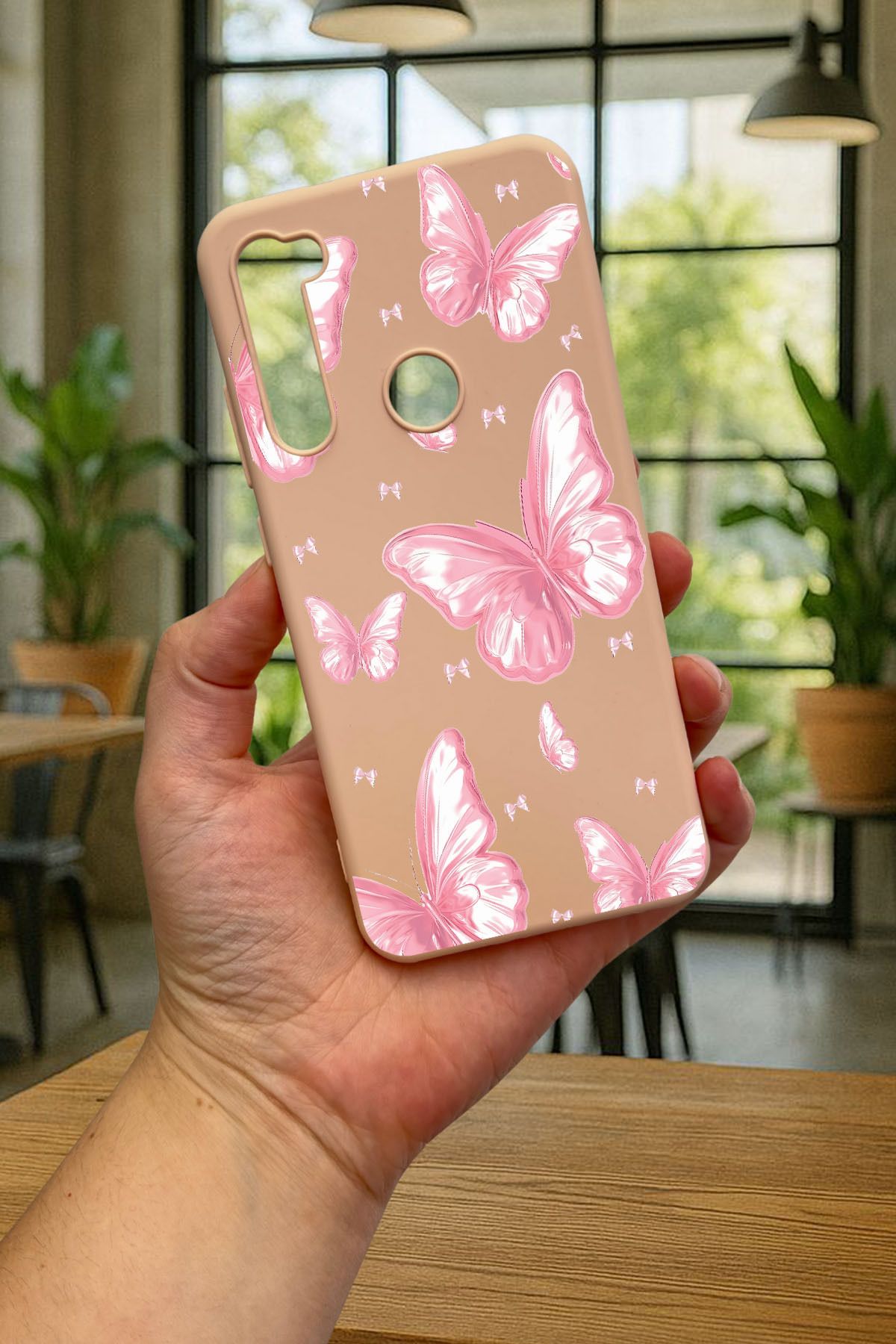 Xiaomi Redmi Note 8 PEMBE KELEBEK DESENLİ Silikon Darbe Emici Klasik Korumalı Rubber Kılıf