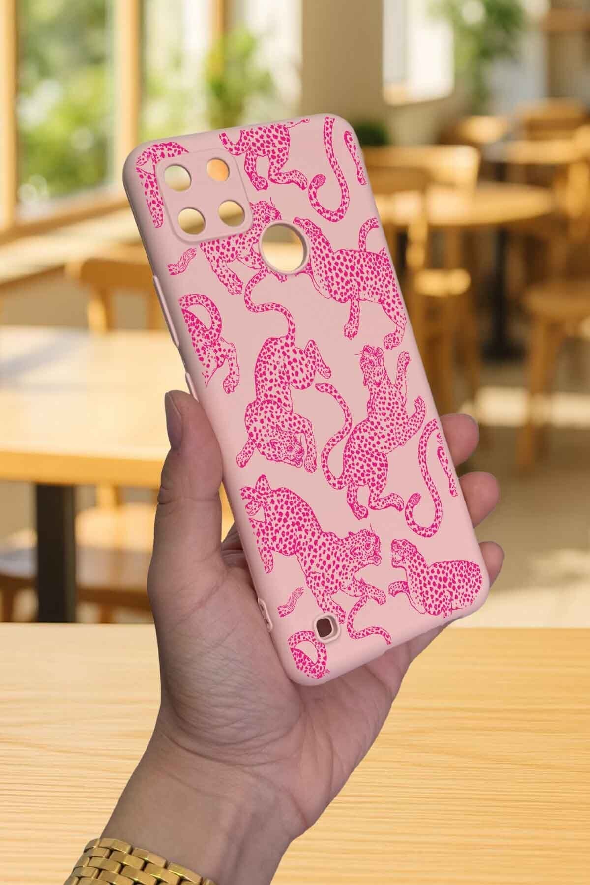 Realme C21Y Ve C25Y -PEMBE LEOPAR DESENLİ Silikon Darbe Emici Klasik Korumalı Rubber Kılıf