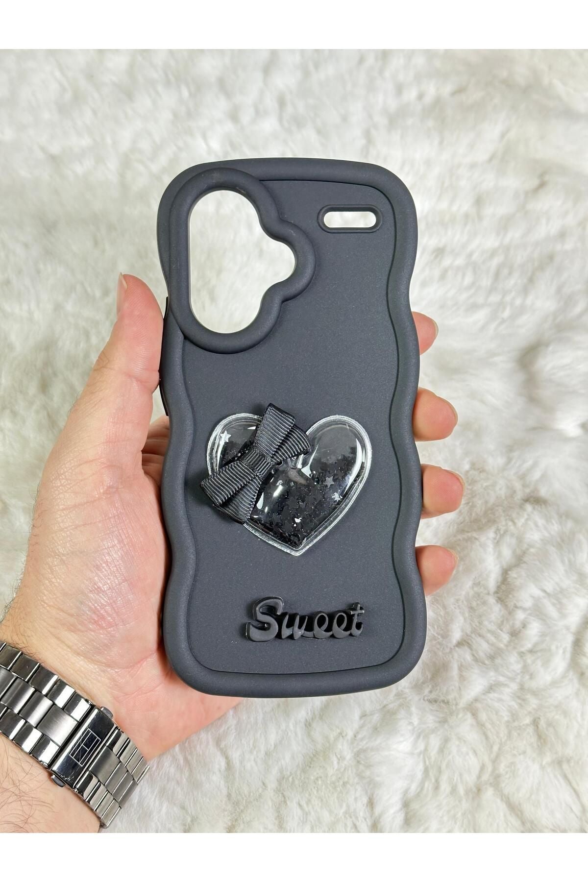 Xiaomi Redmi Note 13 Pro PLUS  Renkli Kalp Kurdele Detaylı Simli Dalgalı Sweety Kılıf