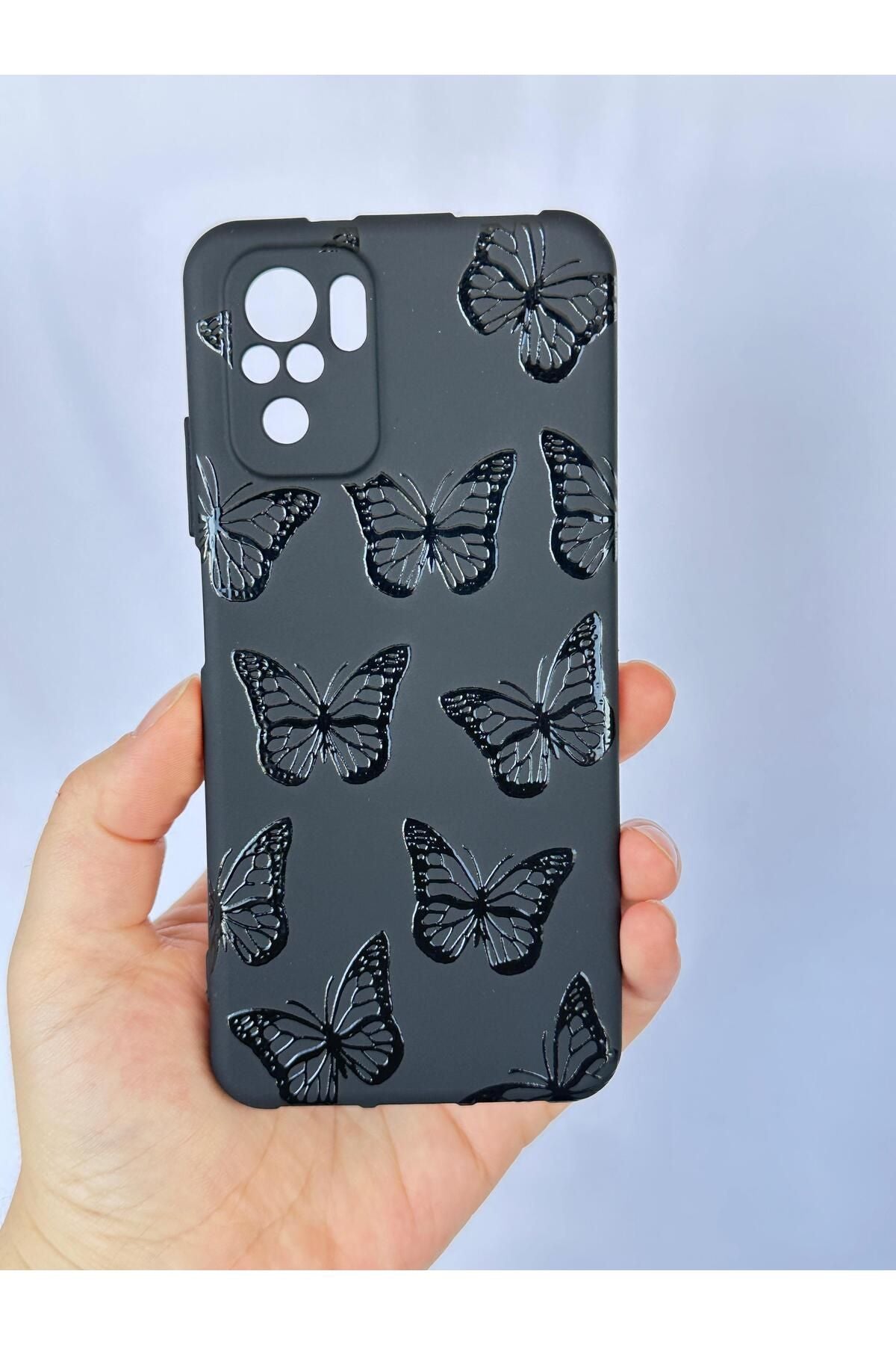 Redmi Note 10/10S Uyumlu Siyah Kelebek Desenli Silikon Darbe Emici Klasik Korumalı Rubber Kılıf
