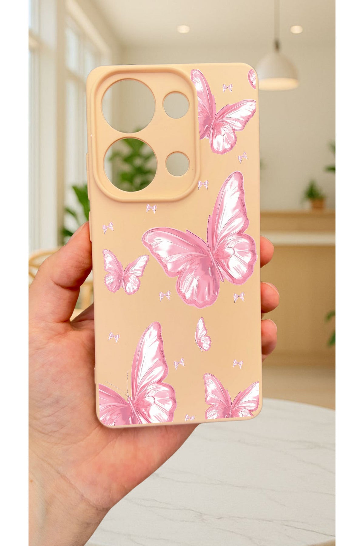 Redmi Note 13 Pro 4G PEMBE KELEBEK DESENLİ Silikon Darbe Emici Klasik Korumalı Rubber Kılıf