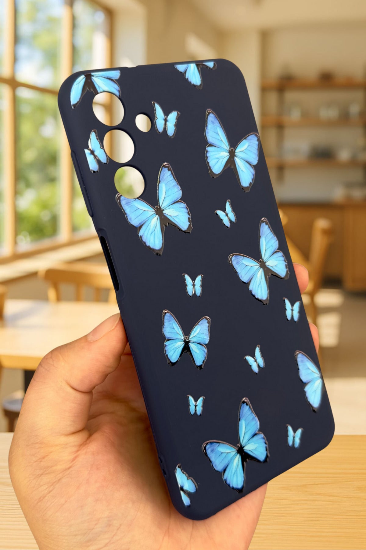 Samsung Galaxy A54 Uyumlu Mavi Kelebek Desenli Silikon Darbe Emici Klasik Korumalı Rubber Kılıf