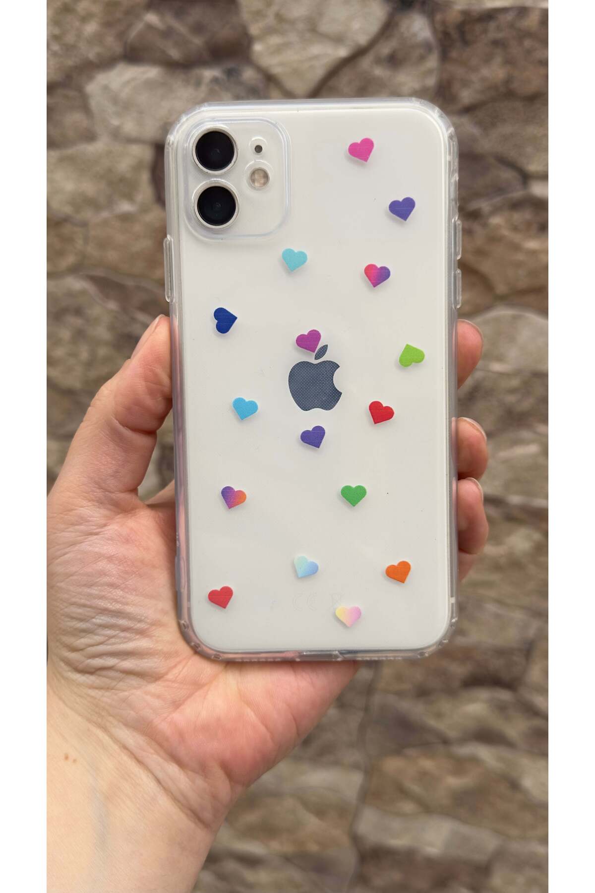 iPhone 11 Uyumlu Renkli Mini Kalp Desenli Şeffaf Darbe Emici Kamera Korumalı Clear Kılıf