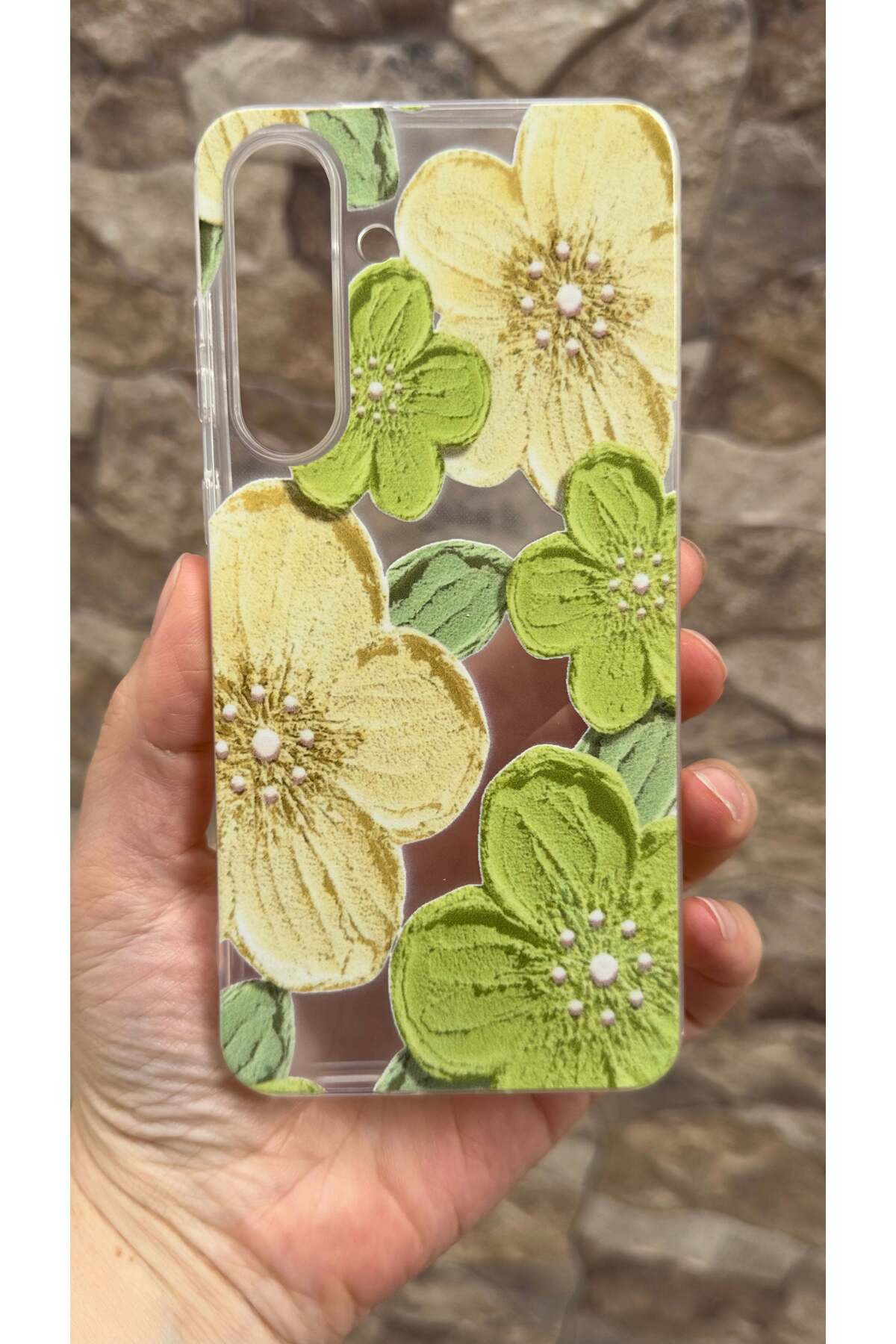 Galaxy S25 FE Uyumlu Yeşil Çiçek Desenli Şeffaf Darbe Emici Kamera Korumalı Clear Kılıf