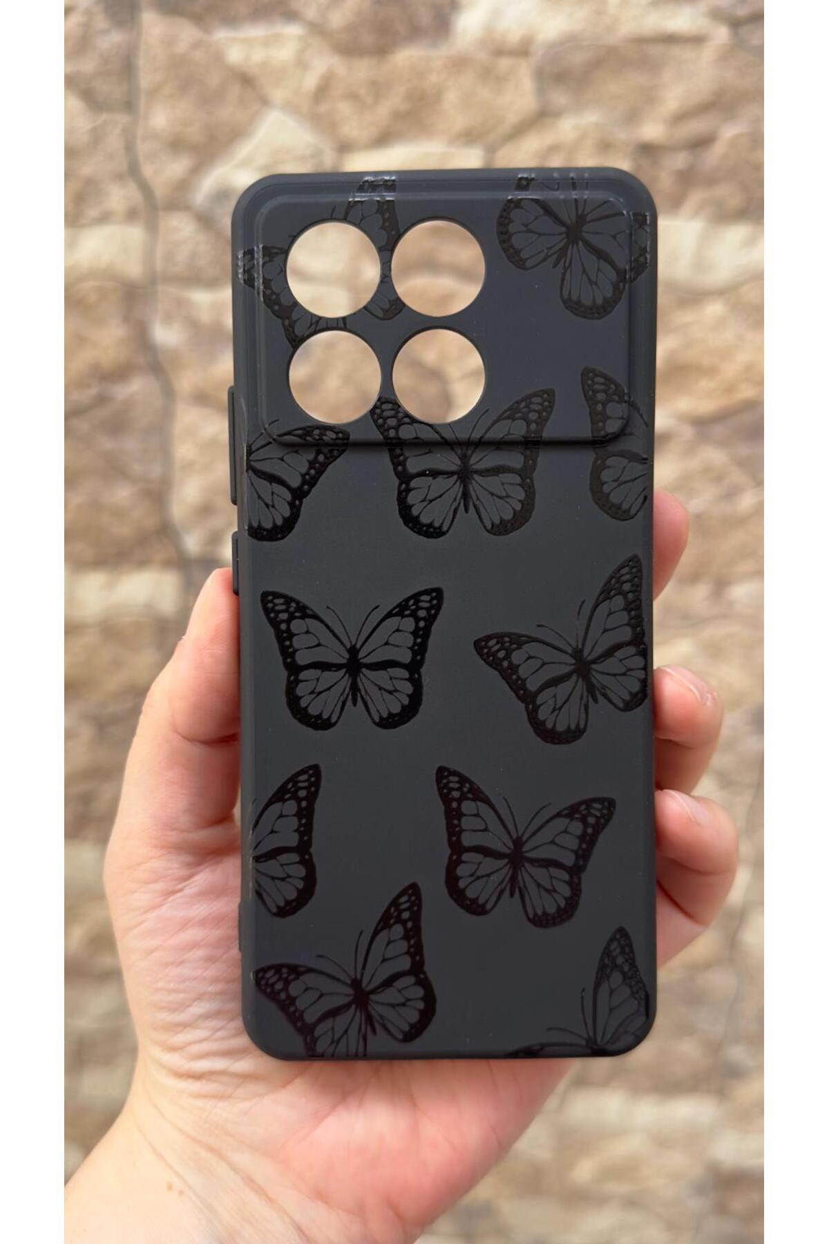 Poco X6 Pro 5G Uyumlu Siyah Kelebek Desenli Silikon Darbe Emici Klasik Korumalı Rubber Kılıf
