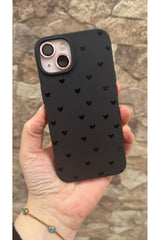 iPhone 13/14 Uyumlu Mini Siyah Kalp Desenli Silikon Darbe Emici Klasik Korumalı Rubber Kılıf