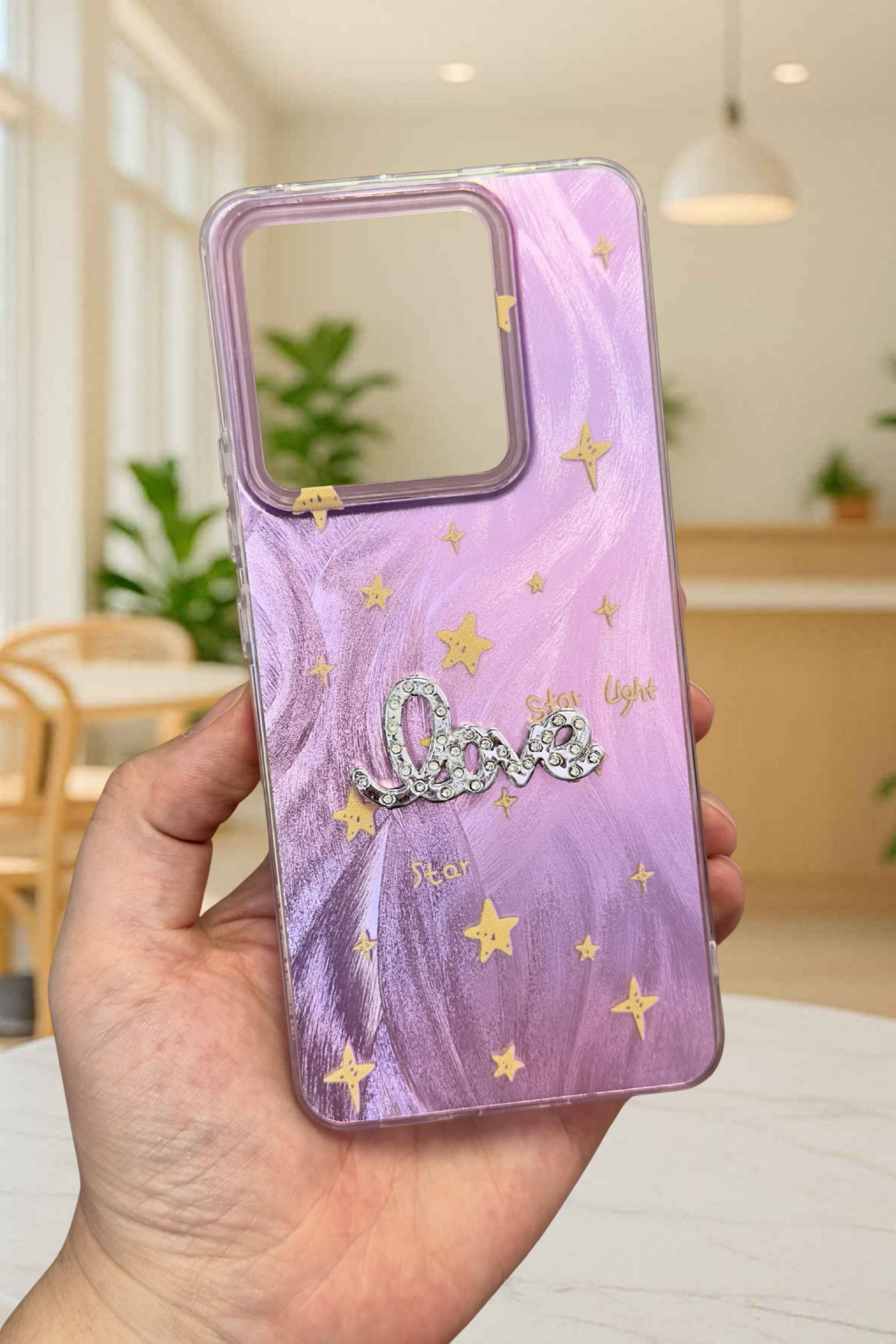 Redmi Note 14 Parlak Taşlı “Love” Yazılı Yıldız Desenli Telefon Kılıfı – Pastel Renkli Star Love Kılıf