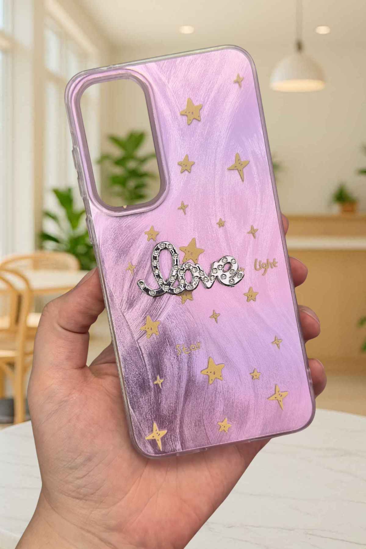 Samsung Galaxy A35 Parlak Taşlı “Love” Yazılı Yıldız Desenli Telefon Kılıfı – Pastel Renkli Star Love Kılıf