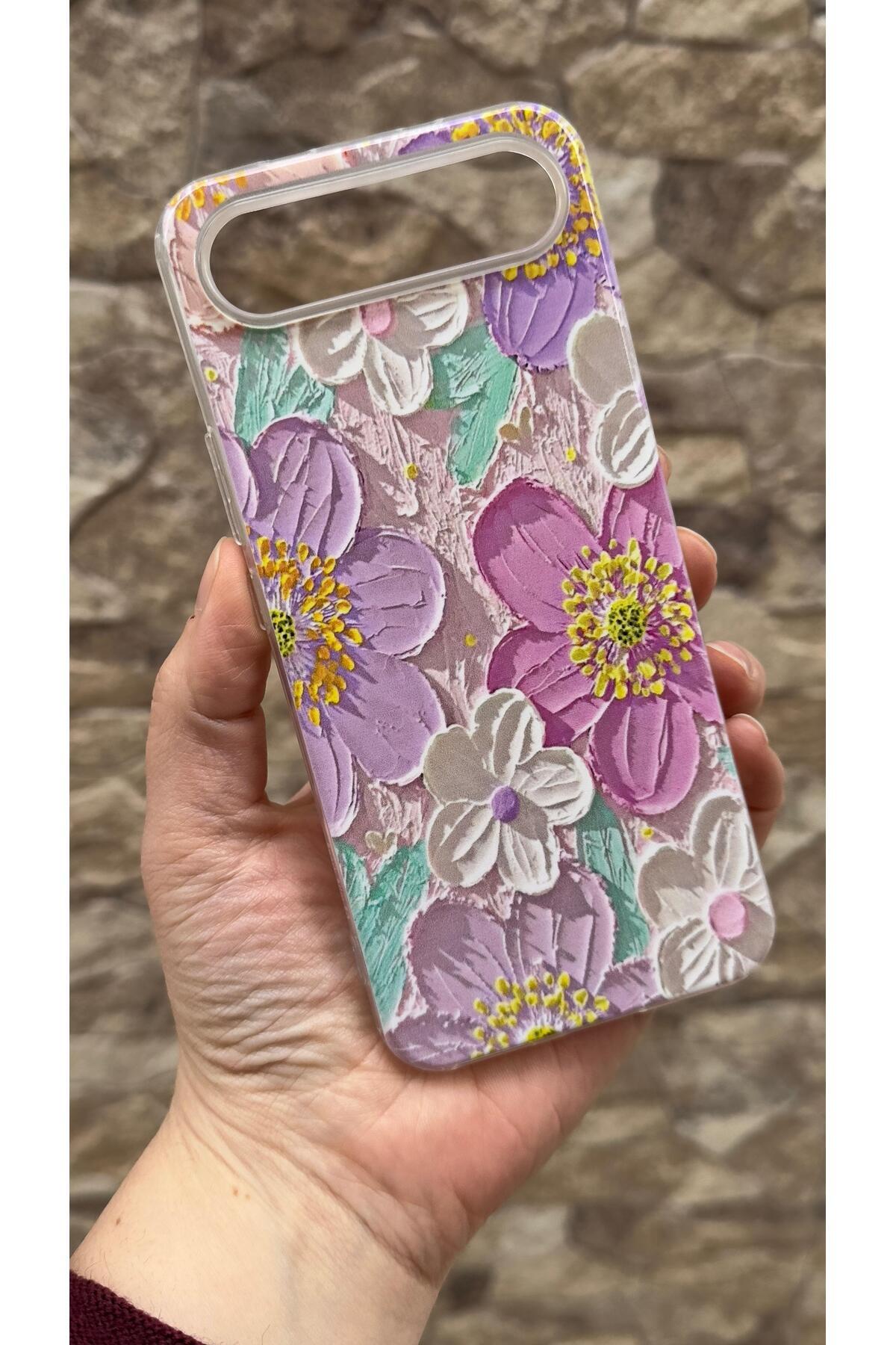 Tecno Spark Slim Uyumlu Mor Çiçek Desenli Şeffaf Darbe Emici Kamera Korumalı Clear Kılıf