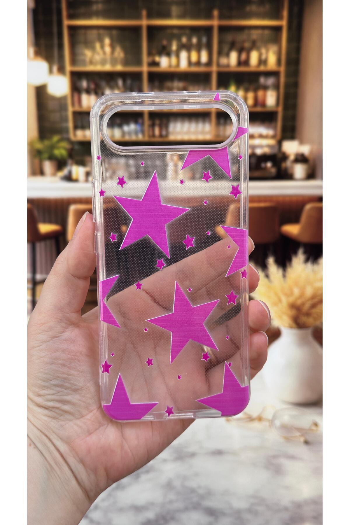Tecno Spark Slim Uyumlu Pembe Yıldız Desenli Şeffaf Darbe Emici Kamera Korumalı Clear Kılıf
