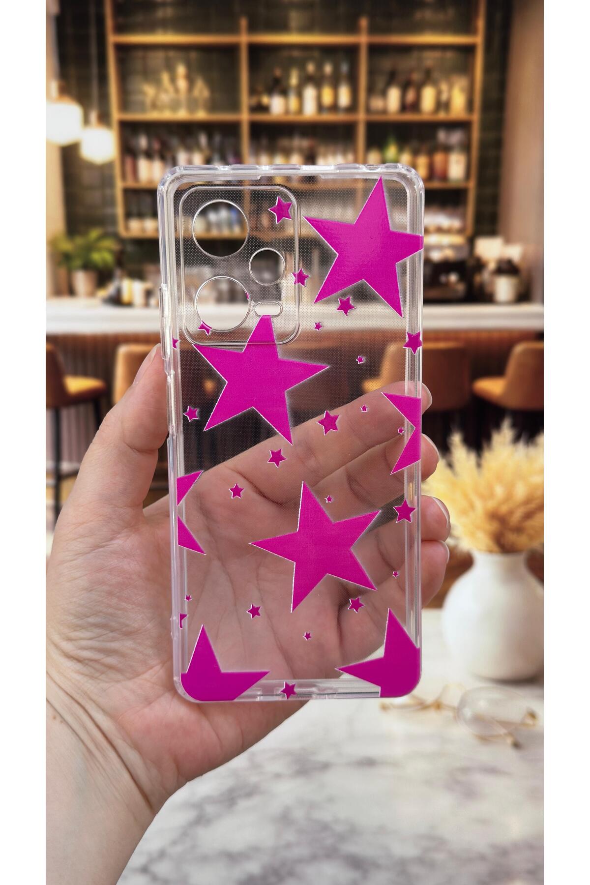 Redmi Note 12 Pro 5G Uyumlu Pembe Yıldız Desenli Şeffaf Darbe Emici Kamera Korumalı Clear Kılıf
