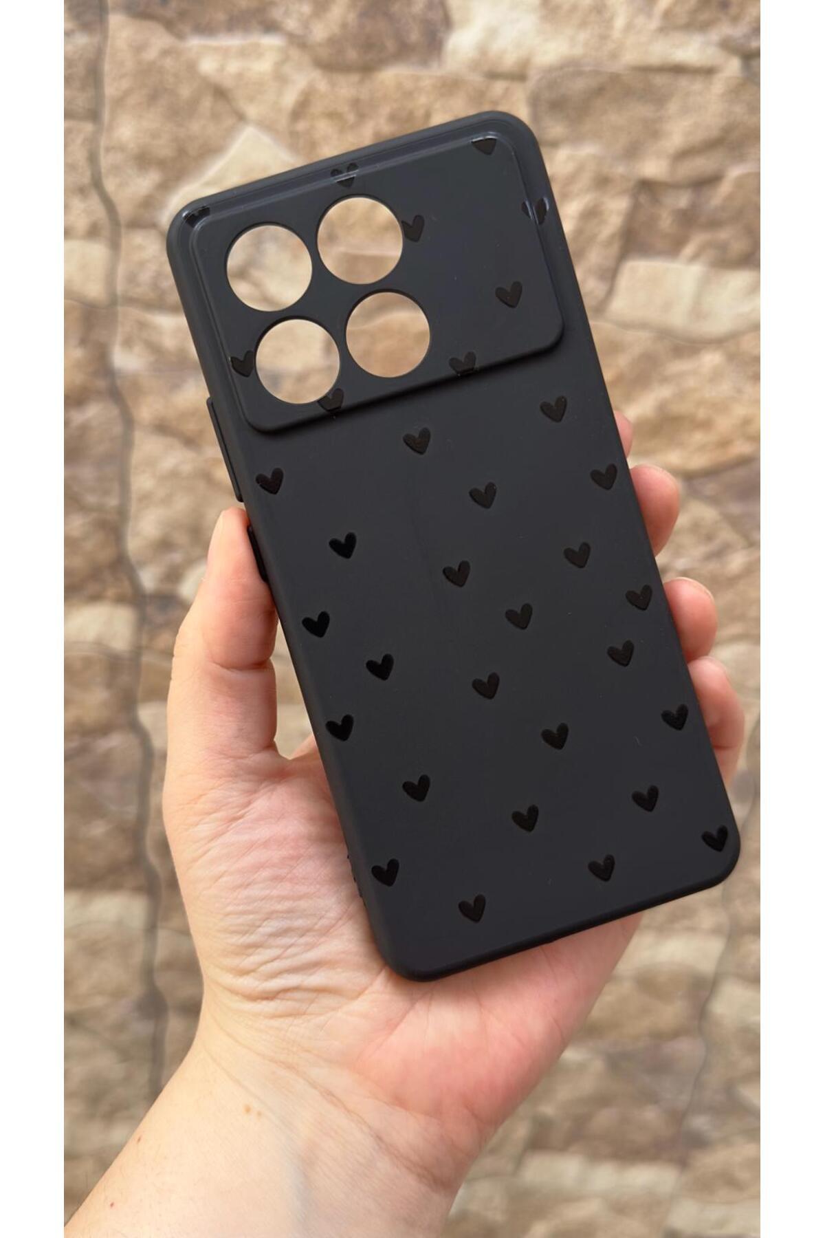 Poco X6 Pro 5G Uyumlu Mini Siyah Kalp Desenli Silikon Darbe Emici Klasik Korumalı Rubber Kılıf