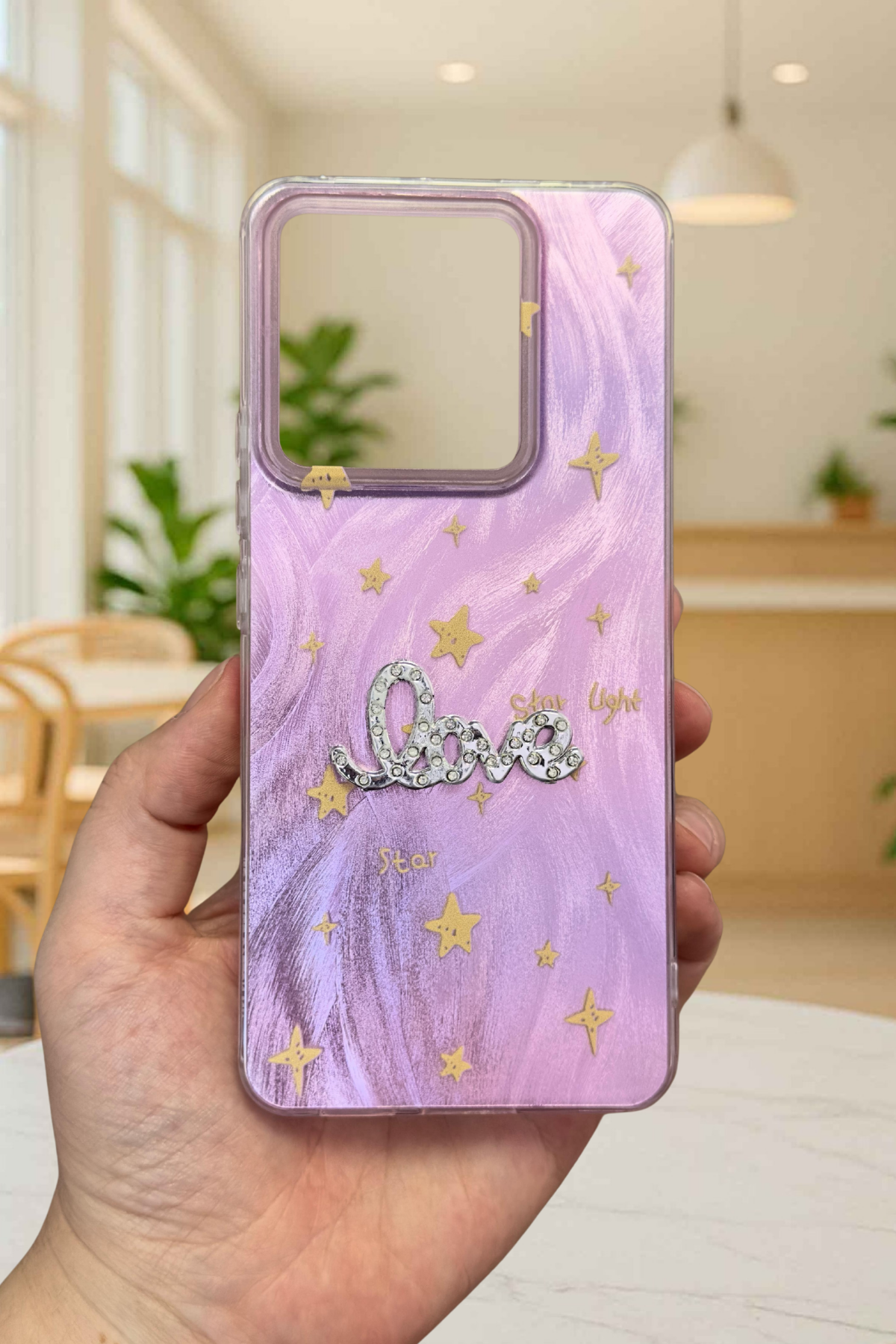 Redmi Note 14 Parlak Taşlı “Love” Yazılı Yıldız Desenli Telefon Kılıfı – Pastel Renkli Star Love Kılıf