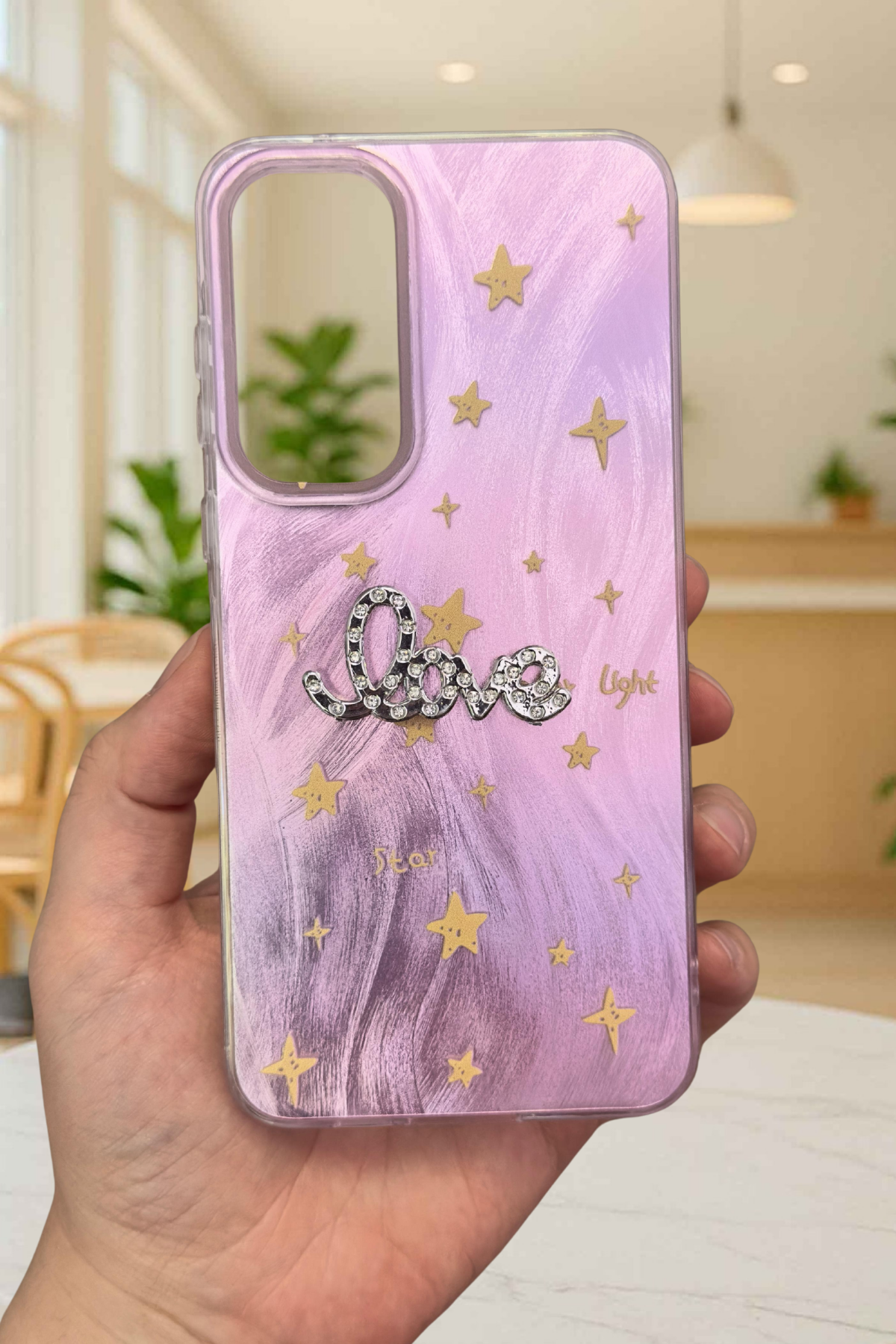 Samsung Galaxy A35 Parlak Taşlı “Love” Yazılı Yıldız Desenli Telefon Kılıfı – Pastel Renkli Star Love Kılıf