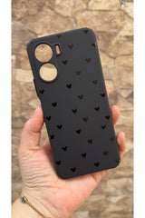 Vivo Y16 Uyumlu Mini Siyah Kalp Desenli Silikon Darbe Emici Klasik Korumalı Rubber Kılıf