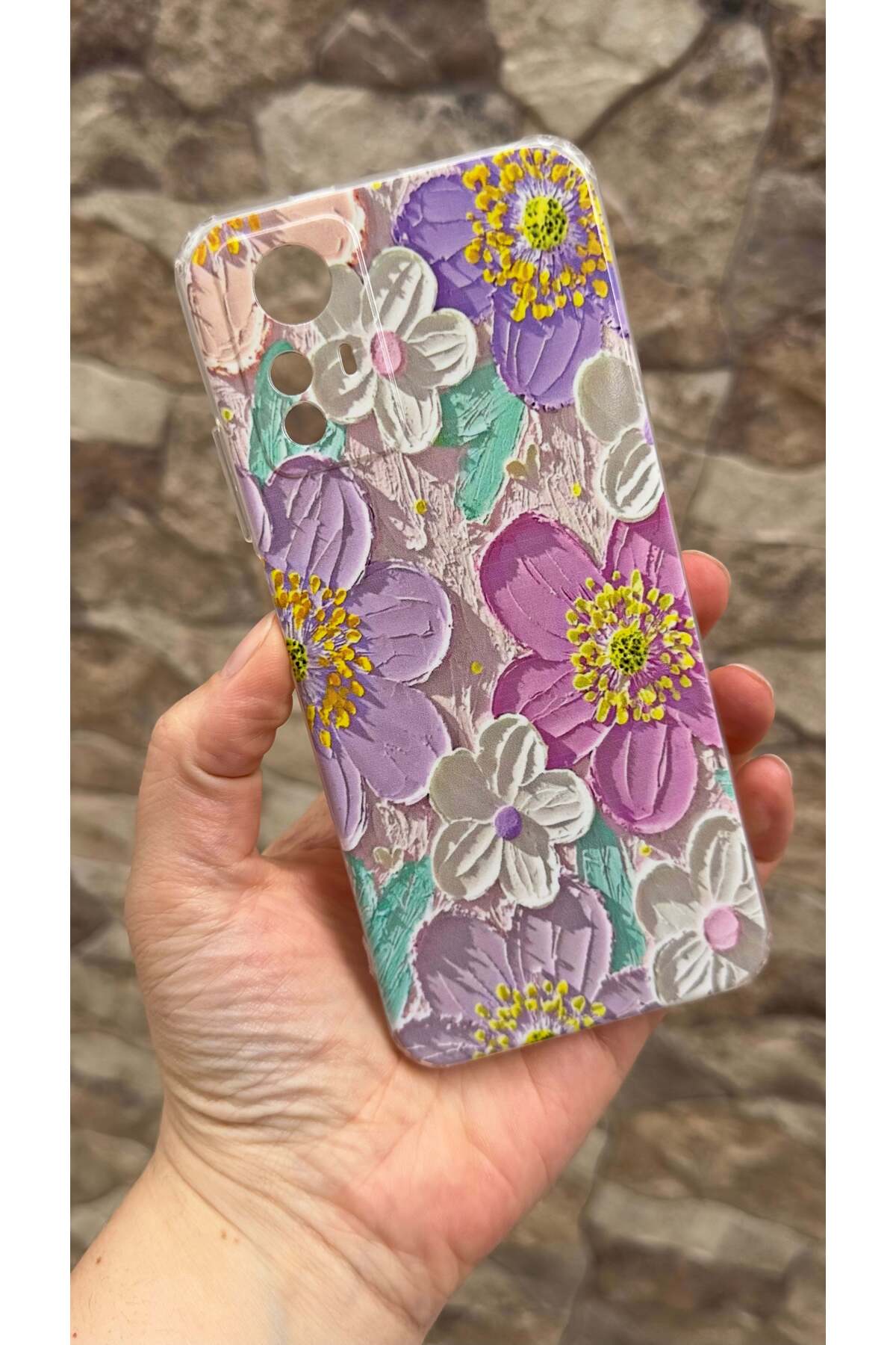 Redmi Note 12S Uyumlu Mor Çiçek Desenli Şeffaf Darbe Emici Kamera Korumalı Clear Kılıf