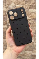 iPhone 17 Pro Max Uyumlu Mini Siyah Yıldız Desenli Silikon Darbe Emici Klasik Korumalı Rubber Kılıf