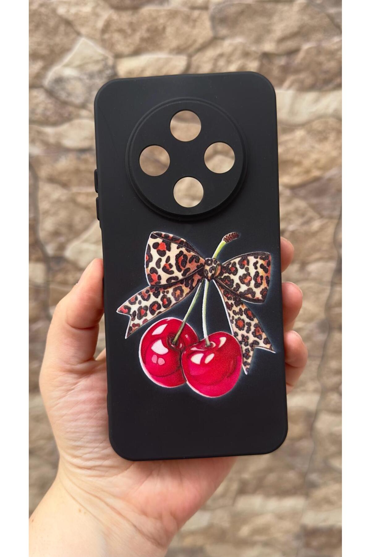 TECNO SPARK 30C Uyumlu Kiraz Leopar Fiyonk Desenli Silikon Darbe Emici Klasik Korumalı Rubber Kılıf