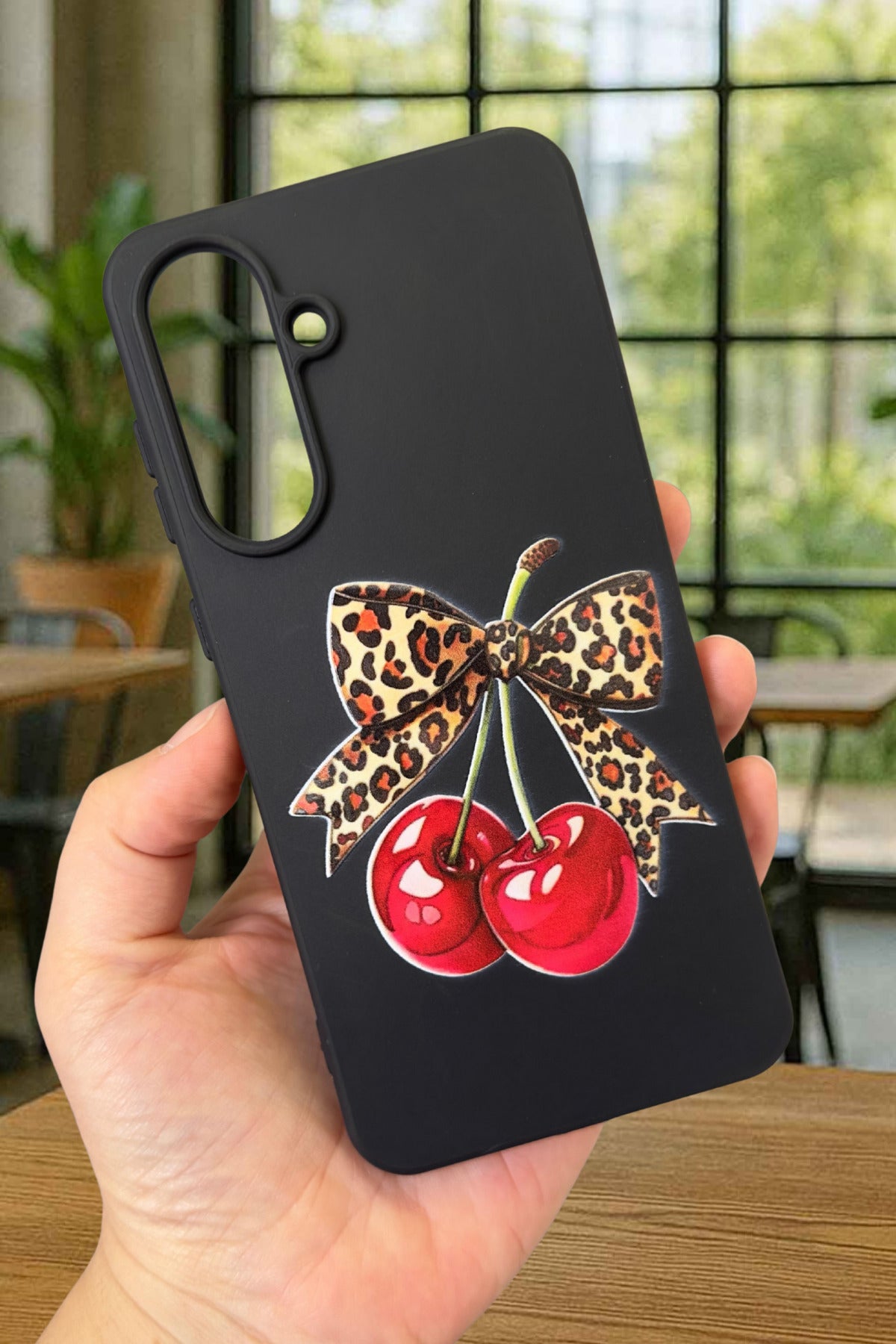 Samsung Galaxy A36 Uyumlu Kiraz Leopar Fiyonk Desenli Silikon Darbe Emici Klasik Rubber Kılıf