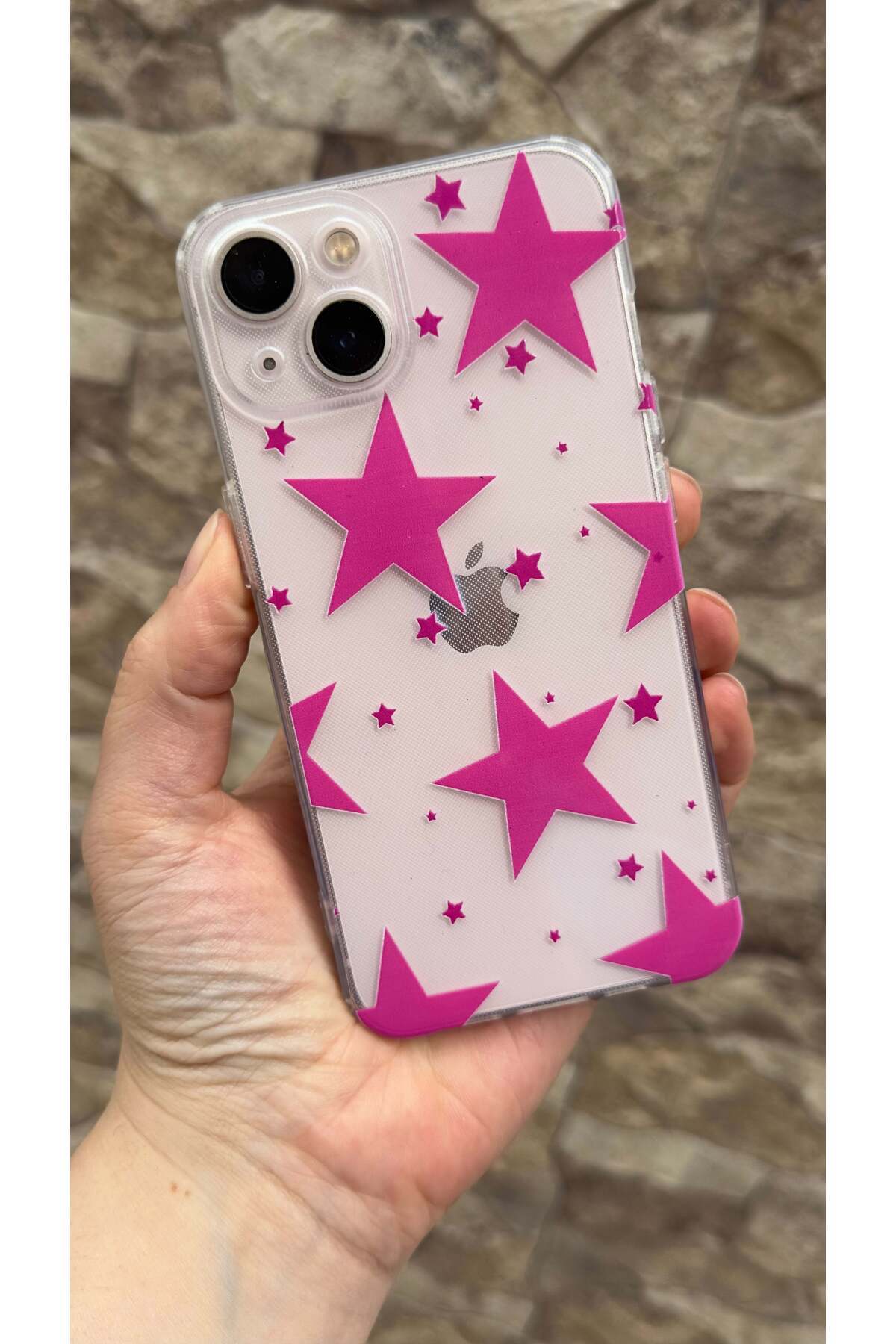 iPhone 13 Uyumlu Pembe Renkli Yıldız Desenli Şeffaf Darbe Emici Kamera Korumalı Clear Kılıf