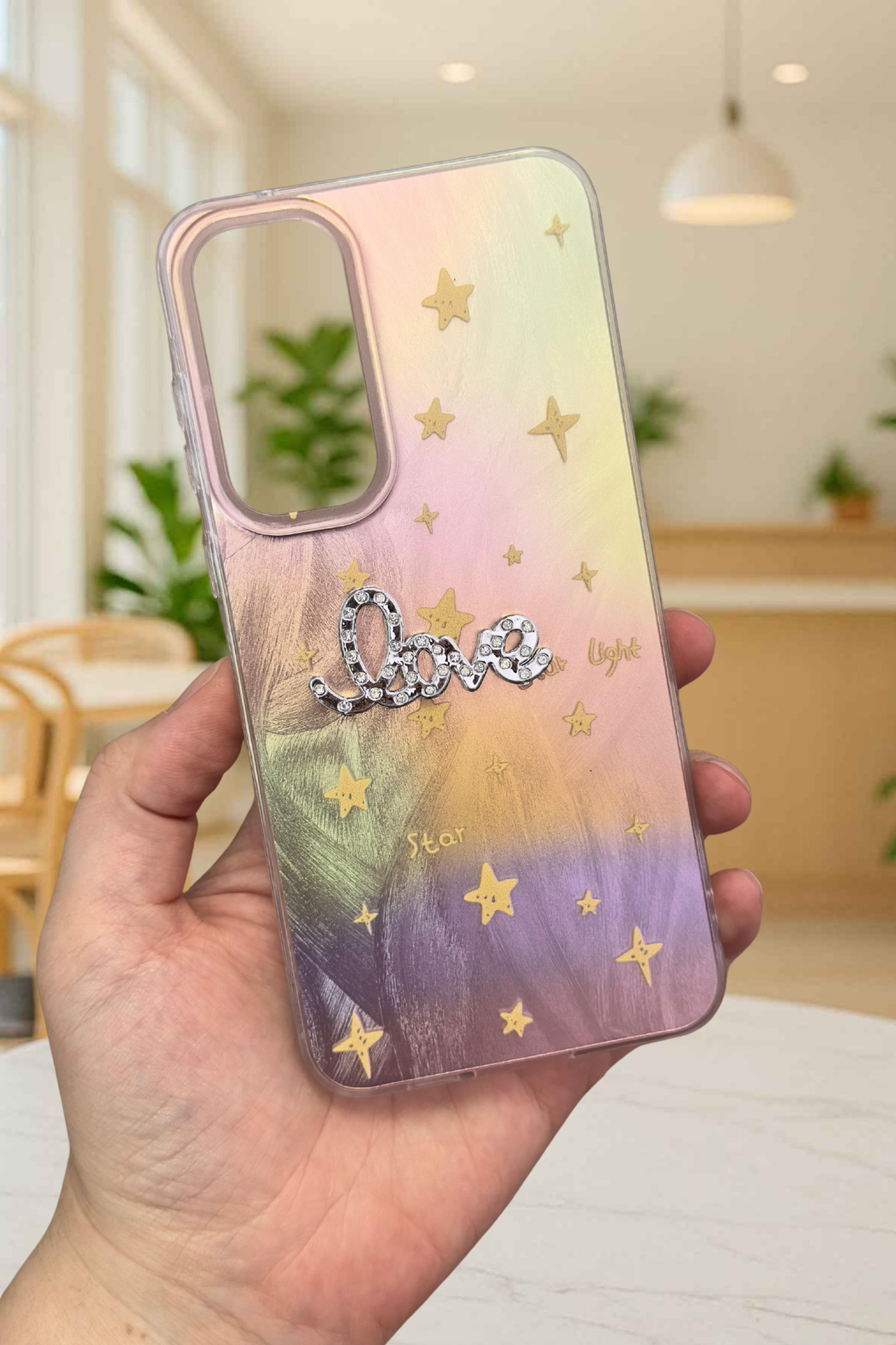 Samsung Galaxy A23 Parlak Taşlı “Love” Yazılı Yıldız Desenli Telefon Kılıfı – Pastel Renkli Star Love Kılıf