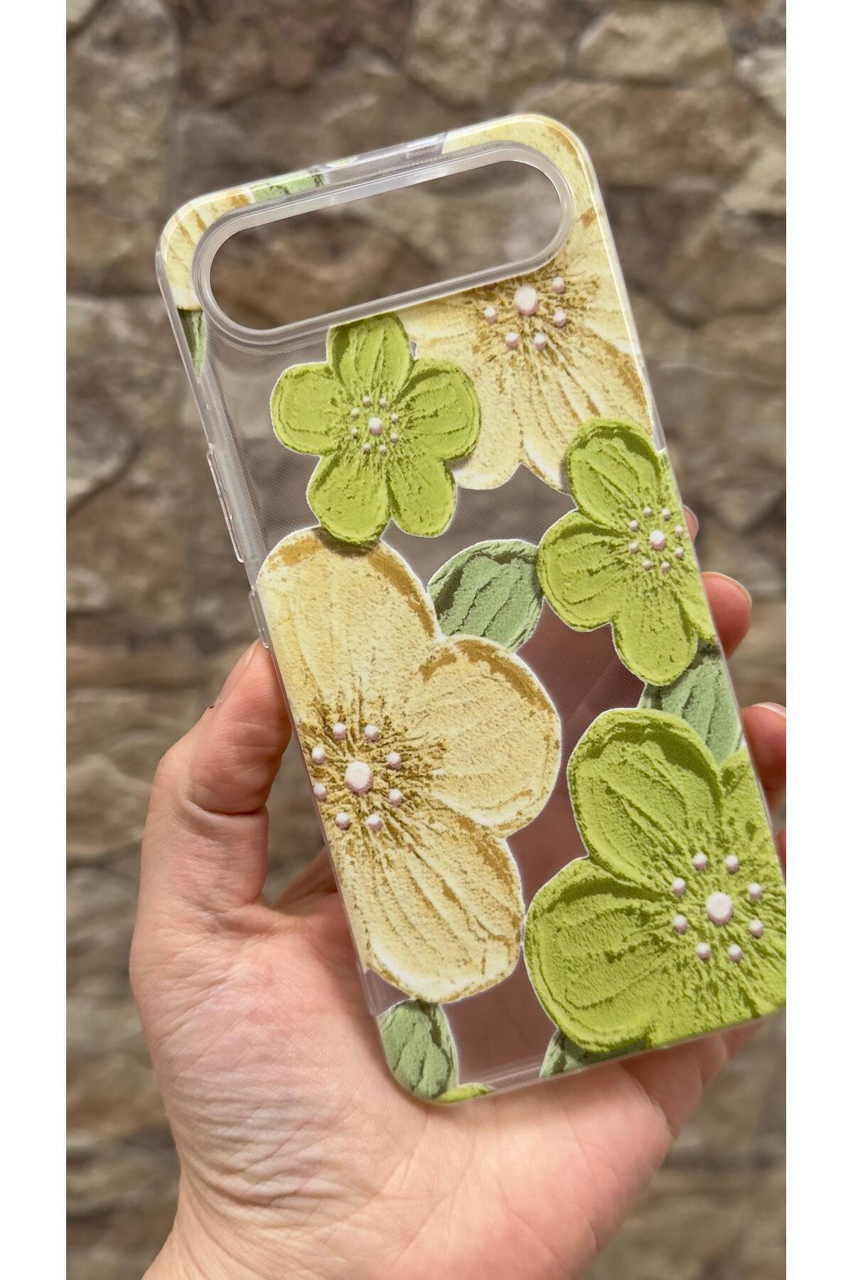 Tecno Spark Slim Uyumlu Yeşil Çiçek Desenli Şeffaf Darbe Emici Kamera Korumalı Clear Kılıf