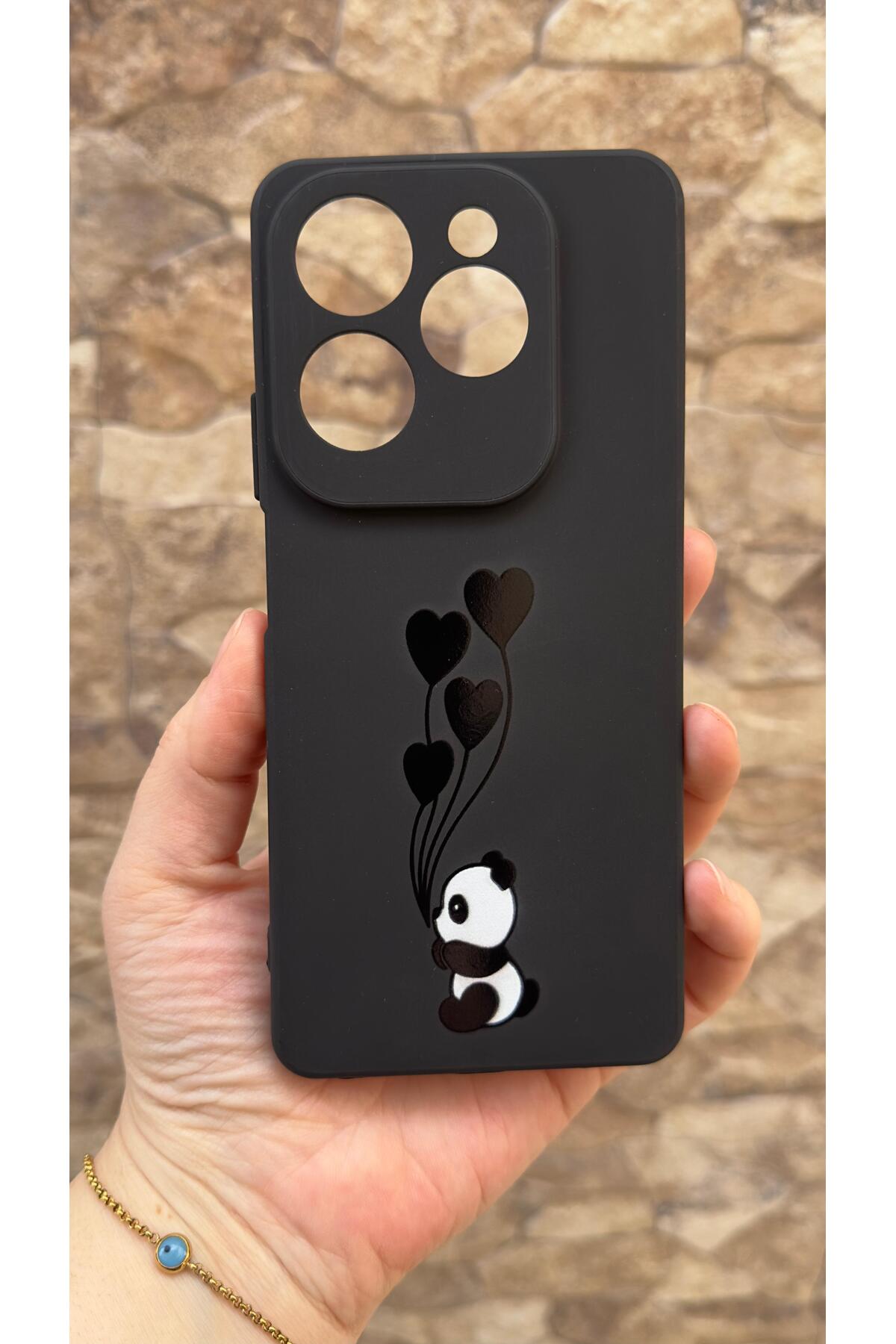 İNFİNİX HOT 40 Uyumlu Kalpli Panda Desenli Silikon Darbe Emici Klasik Korumalı Rubber Kılıf