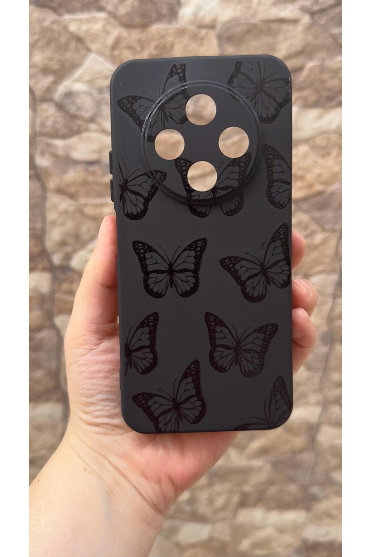 TECNO SPARK 30C Uyumlu Siyah Kelebek Desenli Silikon Darbe Emici Klasik Korumalı Rubber Kılıf