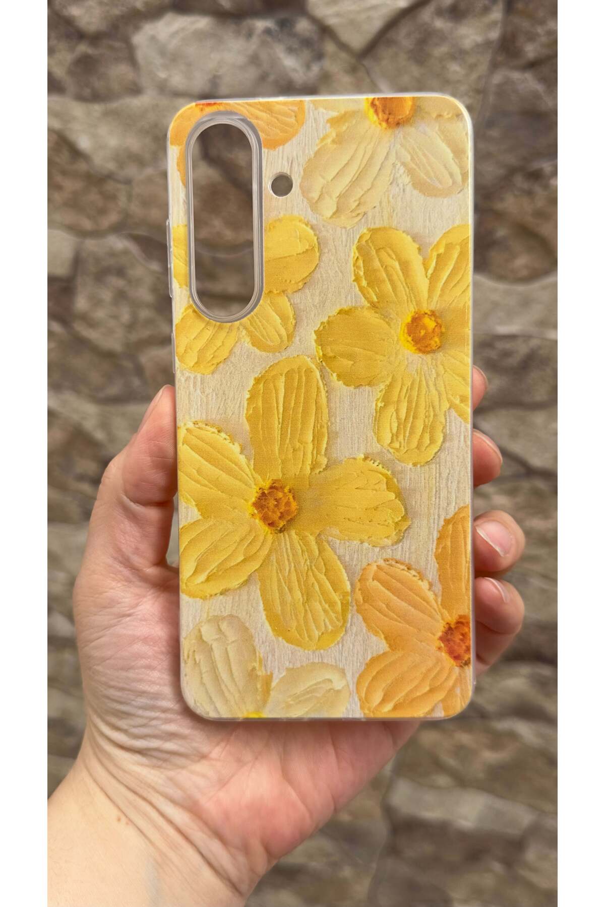 Galaxy S25 FE Uyumlu Sarı Çiçek Desenli Şeffaf Darbe Emici Kamera Korumalı Clear Kılıf