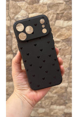 iPhone 17 Pro Max Uyumlu Mini Siyah Kalp Desenli Silikon Darbe Emici Klasik Korumalı Rubber Kılıf