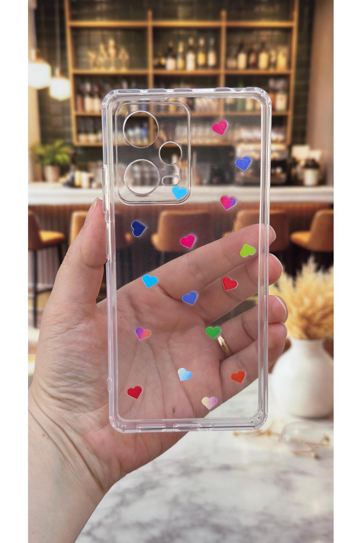 Redmi Note 12 Pro 5G Uyumlu Renkli Mini Kalp Desenli Şeffaf Darbe Emici Kamera Korumalı Clear Kılıf