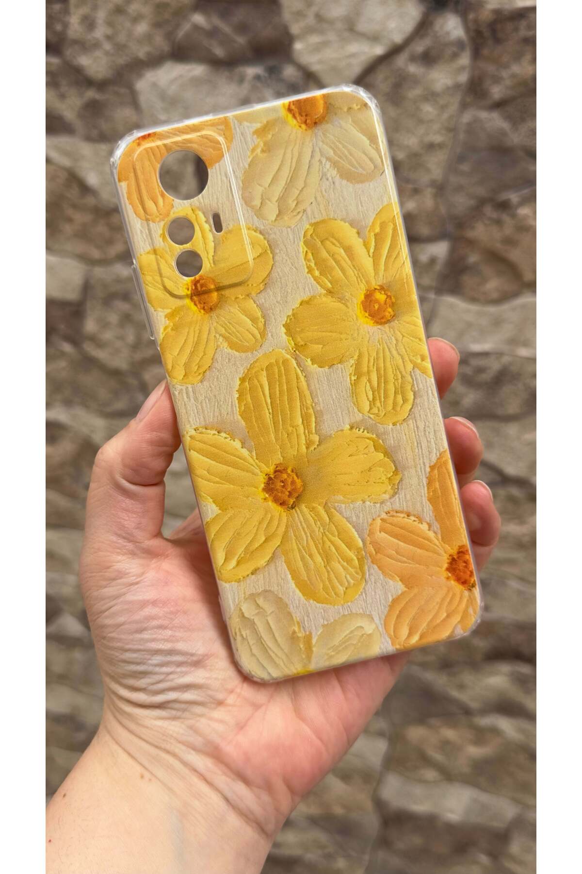 Redmi Note 12S Uyumlu Sarı Çiçek Desenli Şeffaf Darbe Emici Kamera Korumalı Clear Kılıf