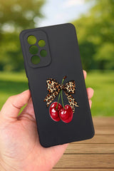 Samsung Galaxy A52 Uyumlu Kiraz Fiyonk Leopar Desenli Silikon Darbe Emici Klasik Korumalı Rubber Kılıf
