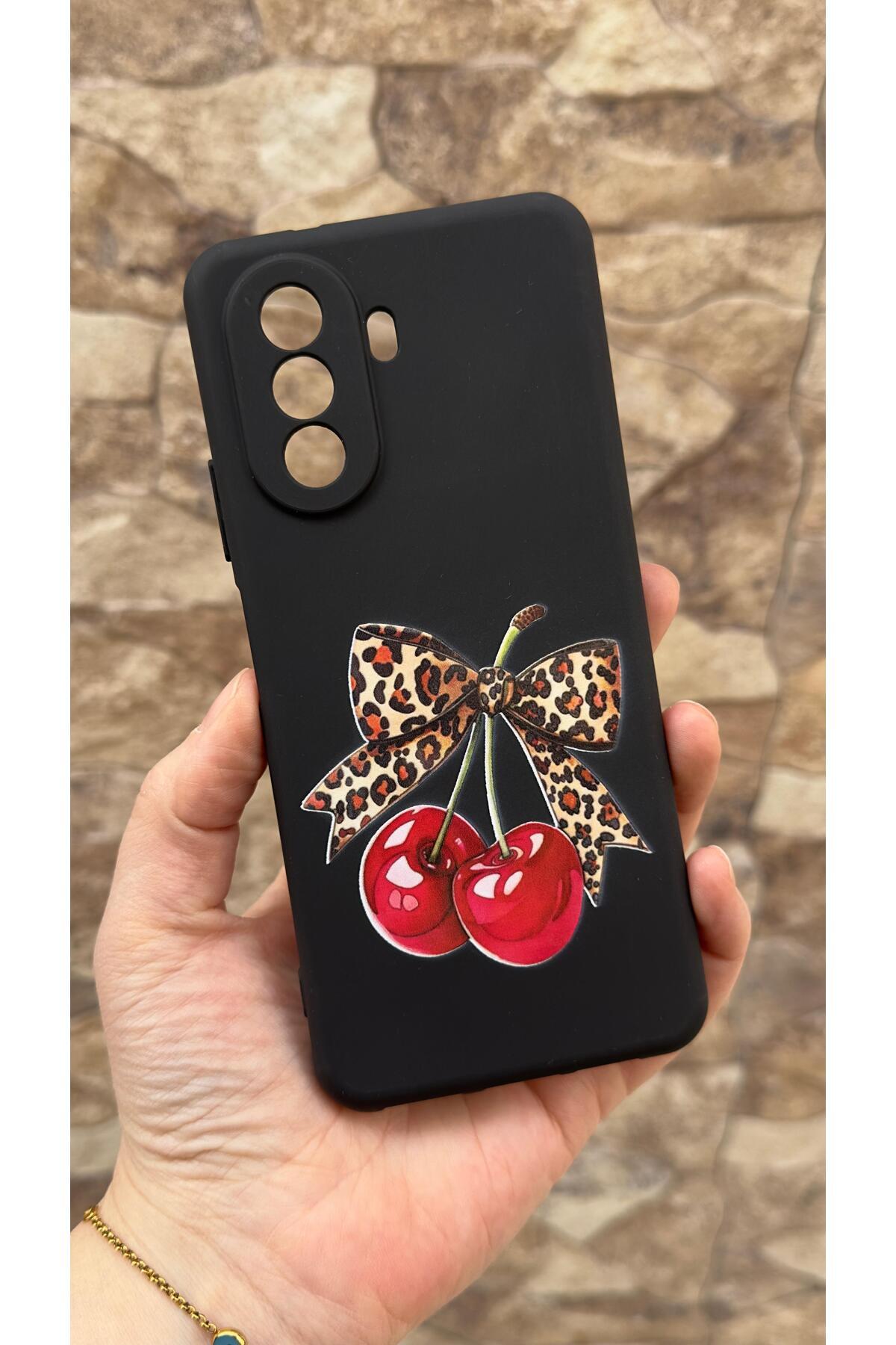 Huawei Nova Y70 Uyumlu Kiraz Leopar Fiyonk Desenli Silikon Darbe Emici Klasik Korumalı Rubber Kılıf