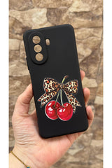 Huawei Nova Y70 Uyumlu Kiraz Leopar Fiyonk Desenli Silikon Darbe Emici Klasik Korumalı Rubber Kılıf