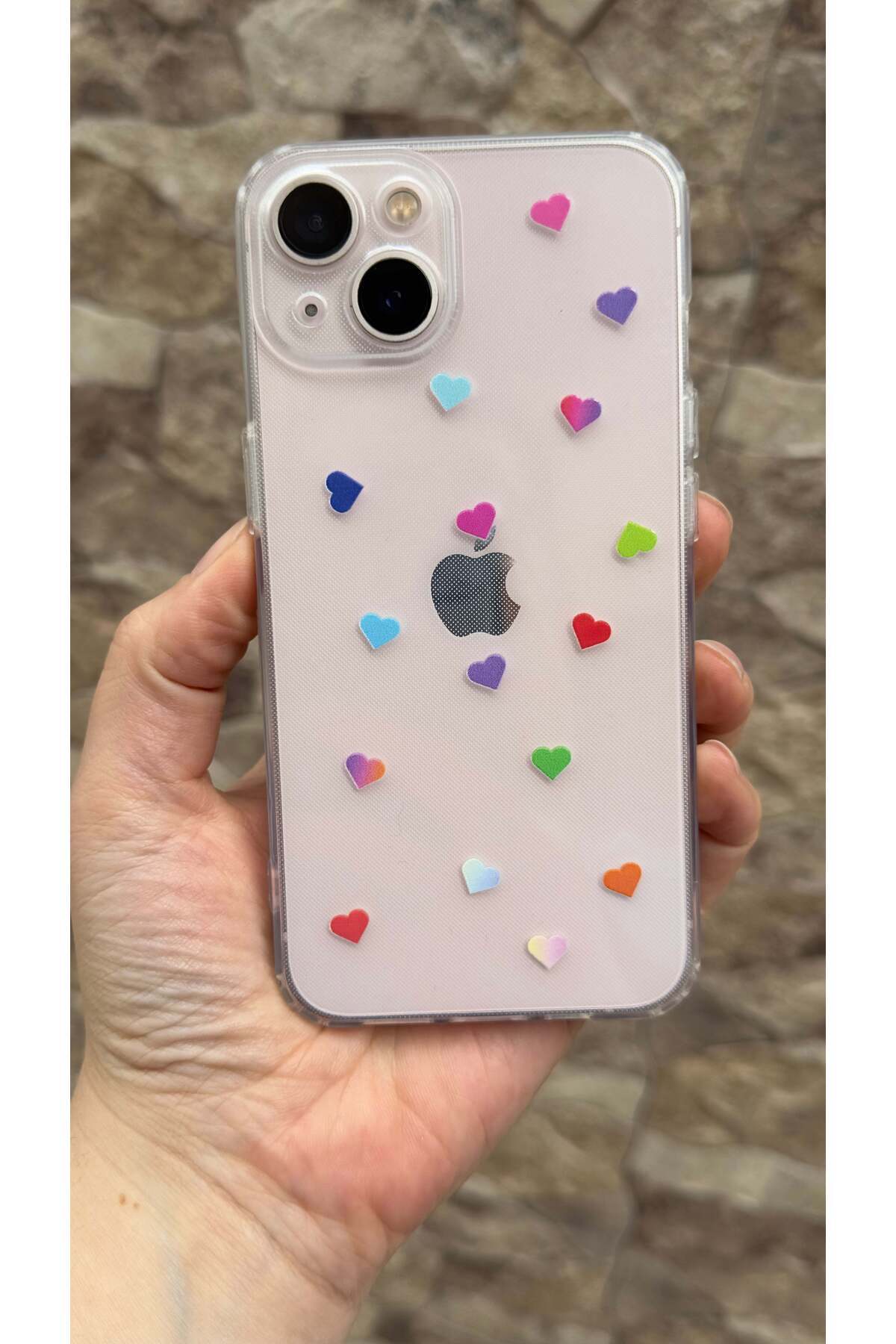 iPhone 13 Uyumlu Renkli Mini Kalp Desenli Şeffaf Darbe Emici Kamera Korumalı Clear Kılıf