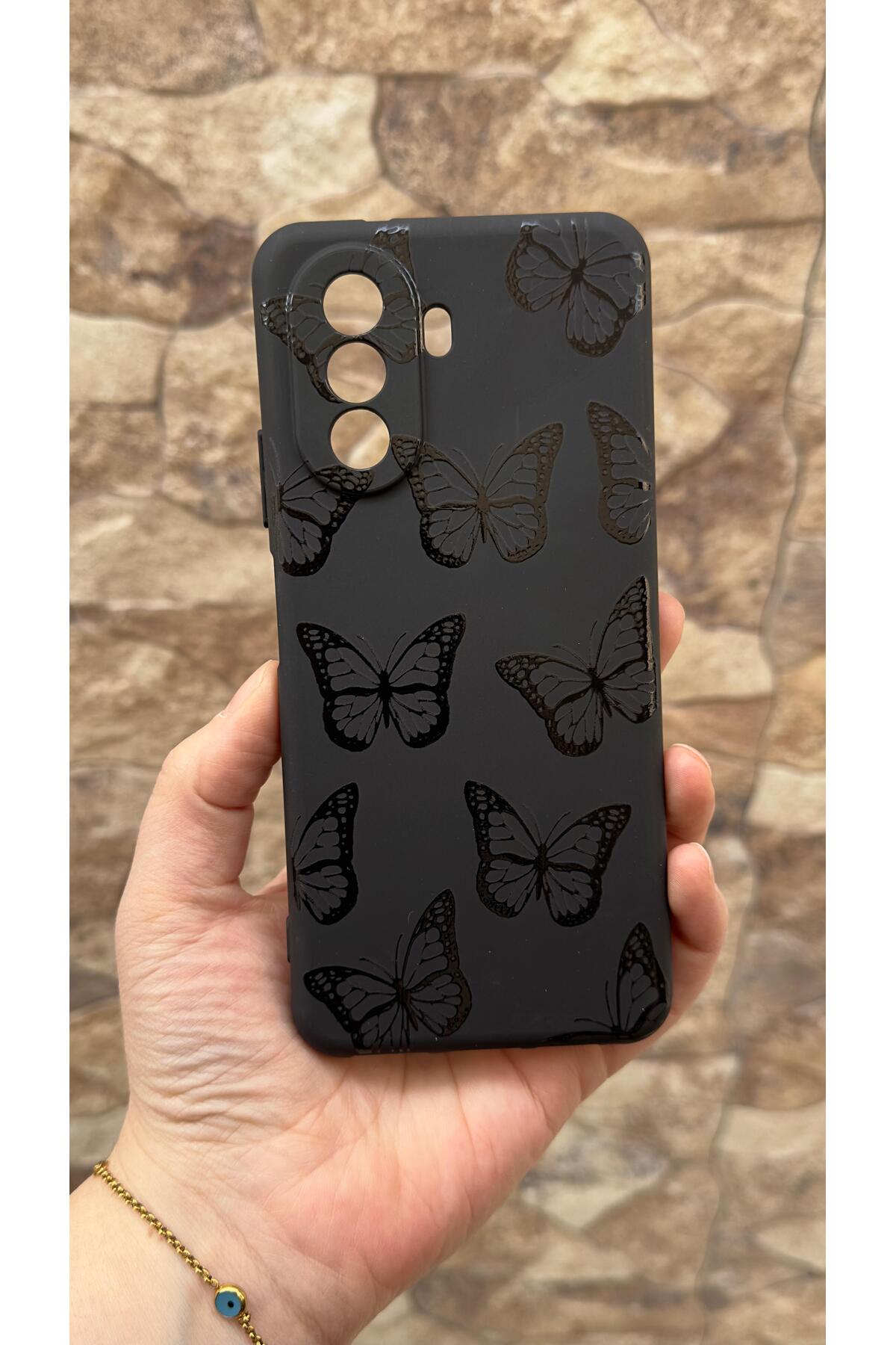 Huawei Nova Y70 Uyumlu Siyah Kelebek Desenli Silikon Darbe Emici Klasik Korumalı Rubber Kılıf
