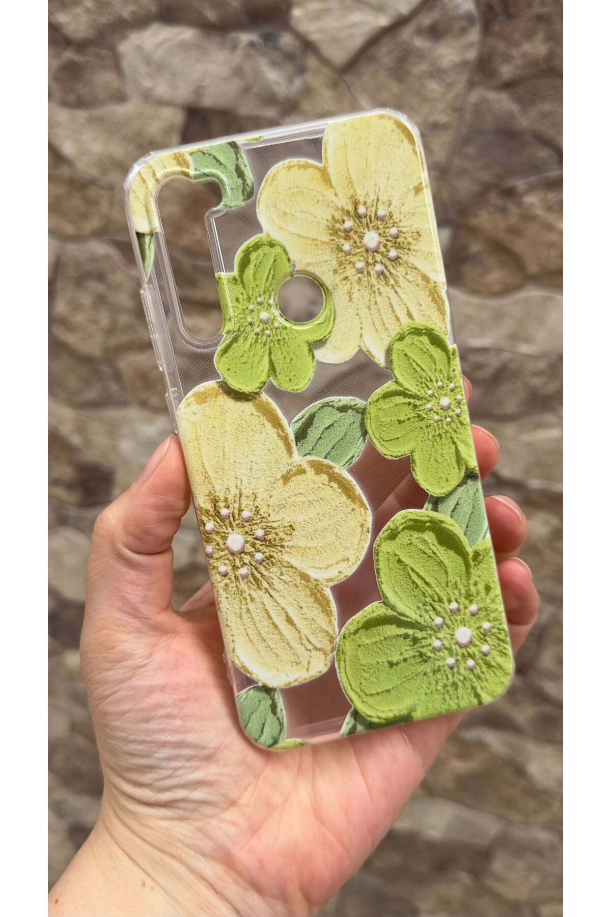 Redmi Note 8 Uyumlu Yeşil Çiçek Desenli Şeffaf Darbe Emici Kamera Korumalı Clear Kılıf