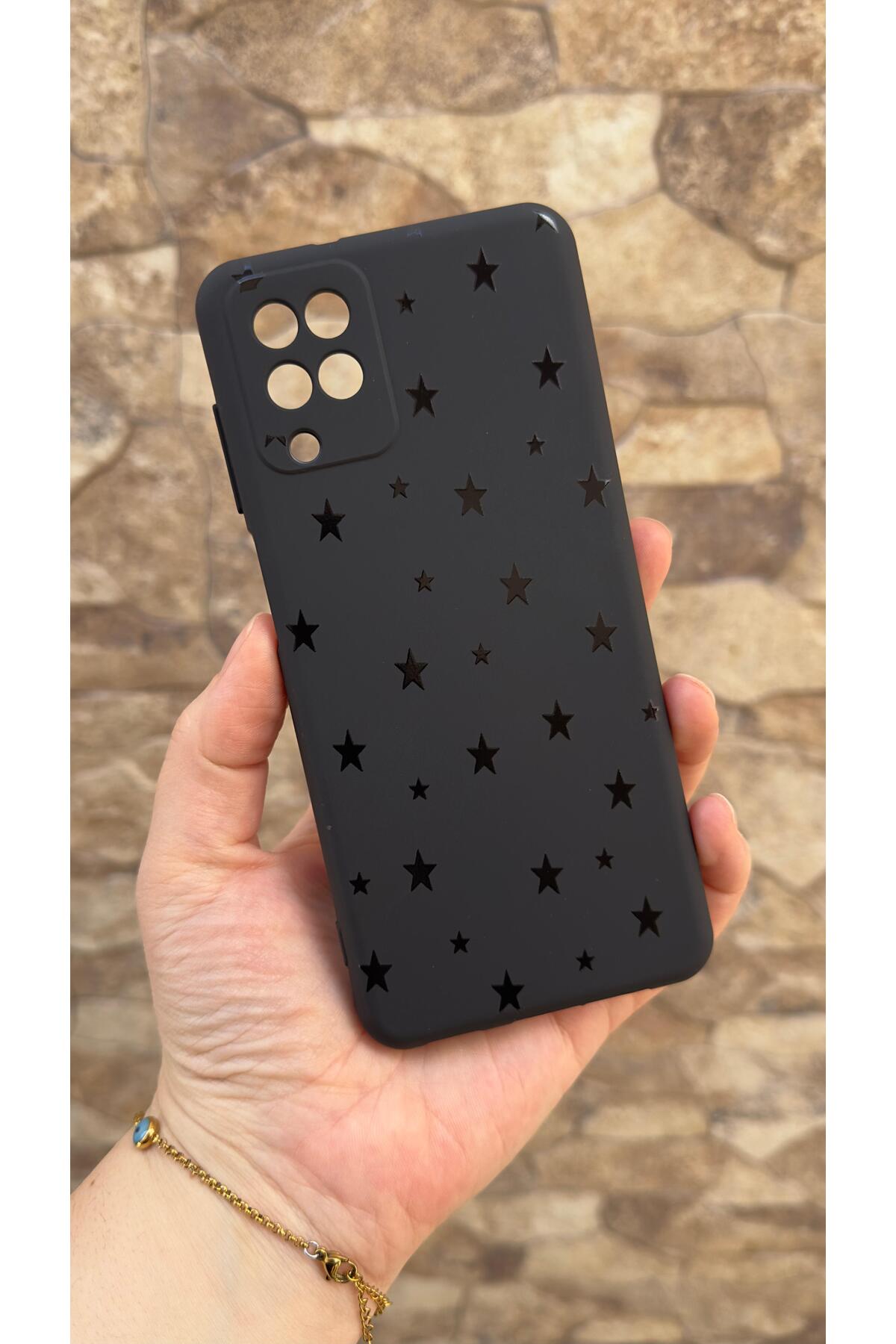 Samsung Galaxy A22 Uyumlu Mini Siyah Yıldız Desenli Silikon Darbe Emici Klasik Korumalı Rubber Kılıf