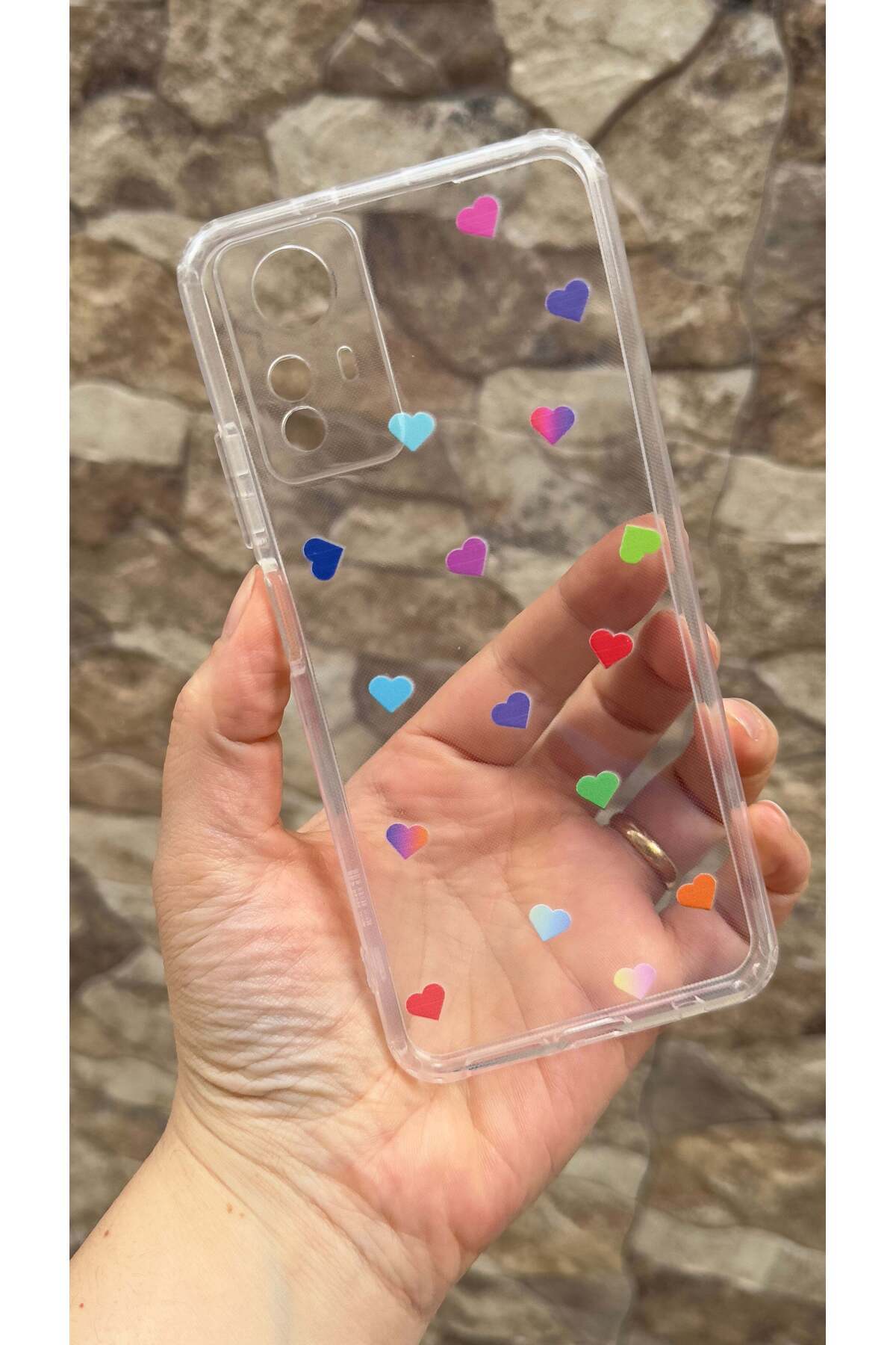 Redmi Note 12S Uyumlu Renkli Mini Kalp Desenli Şeffaf Darbe Emici Kamera Korumalı Clear Kılıf