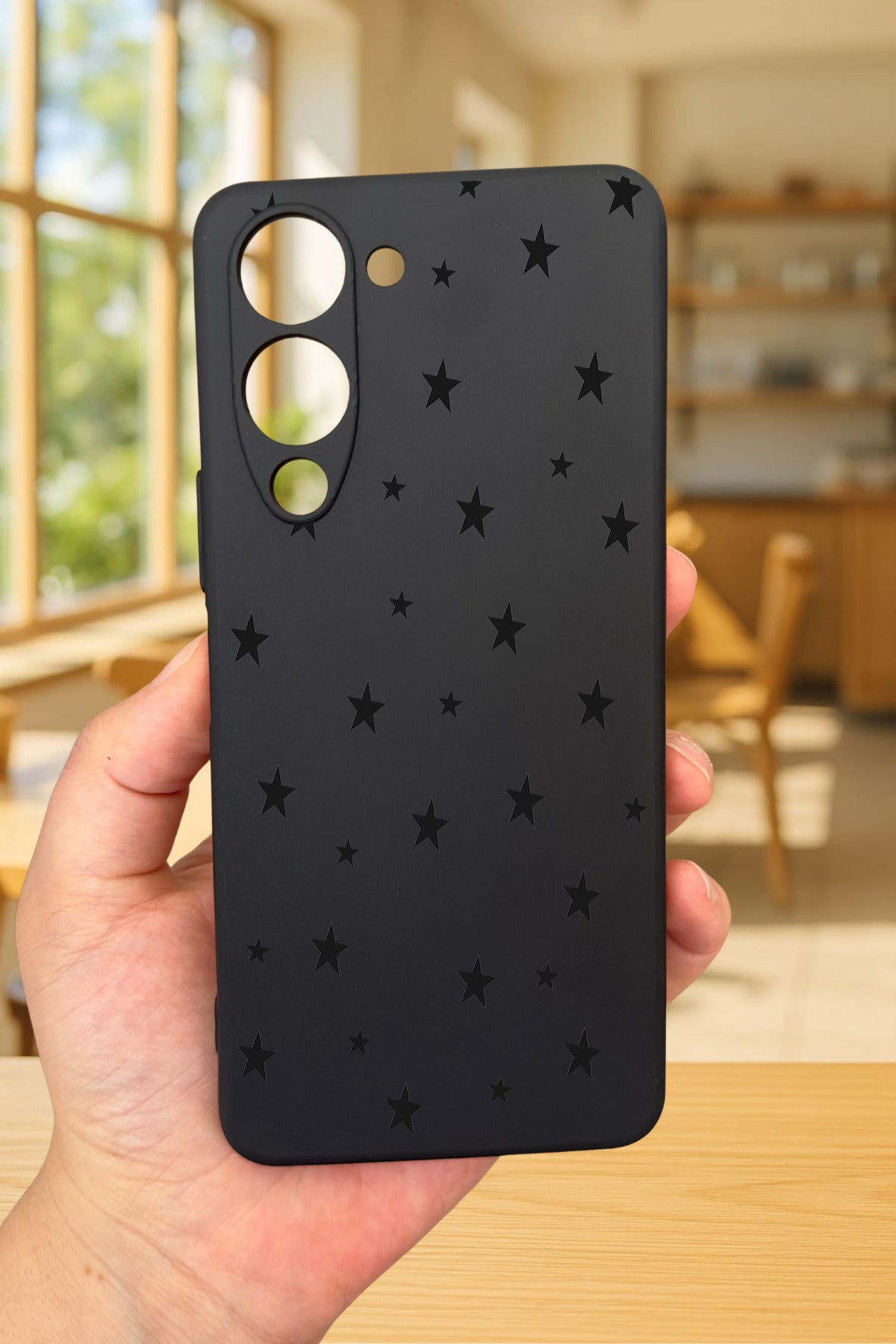 VİVO Y19 Uyumlu Mini Siyah Yıldız Desenli Silikon Darbe Emici Klasik Korumalı Rubber Kılıf