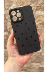iPhone 14 Pro Max Uyumlu Mini Siyah Yıldız Desenli Silikon Darbe Emici Klasik Korumalı Rubber Kılıf