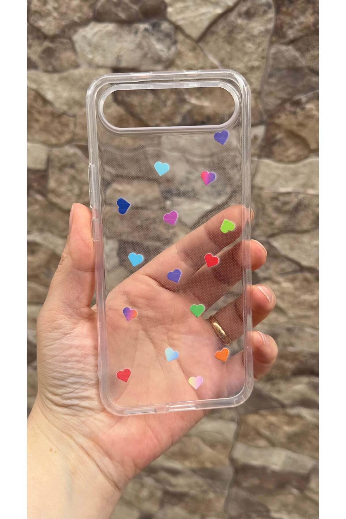 Tecno Spark Slim Uyumlu Renkli Mini Kalp Desenli Şeffaf Darbe Emici Kamera Korumalı Clear Kılıf