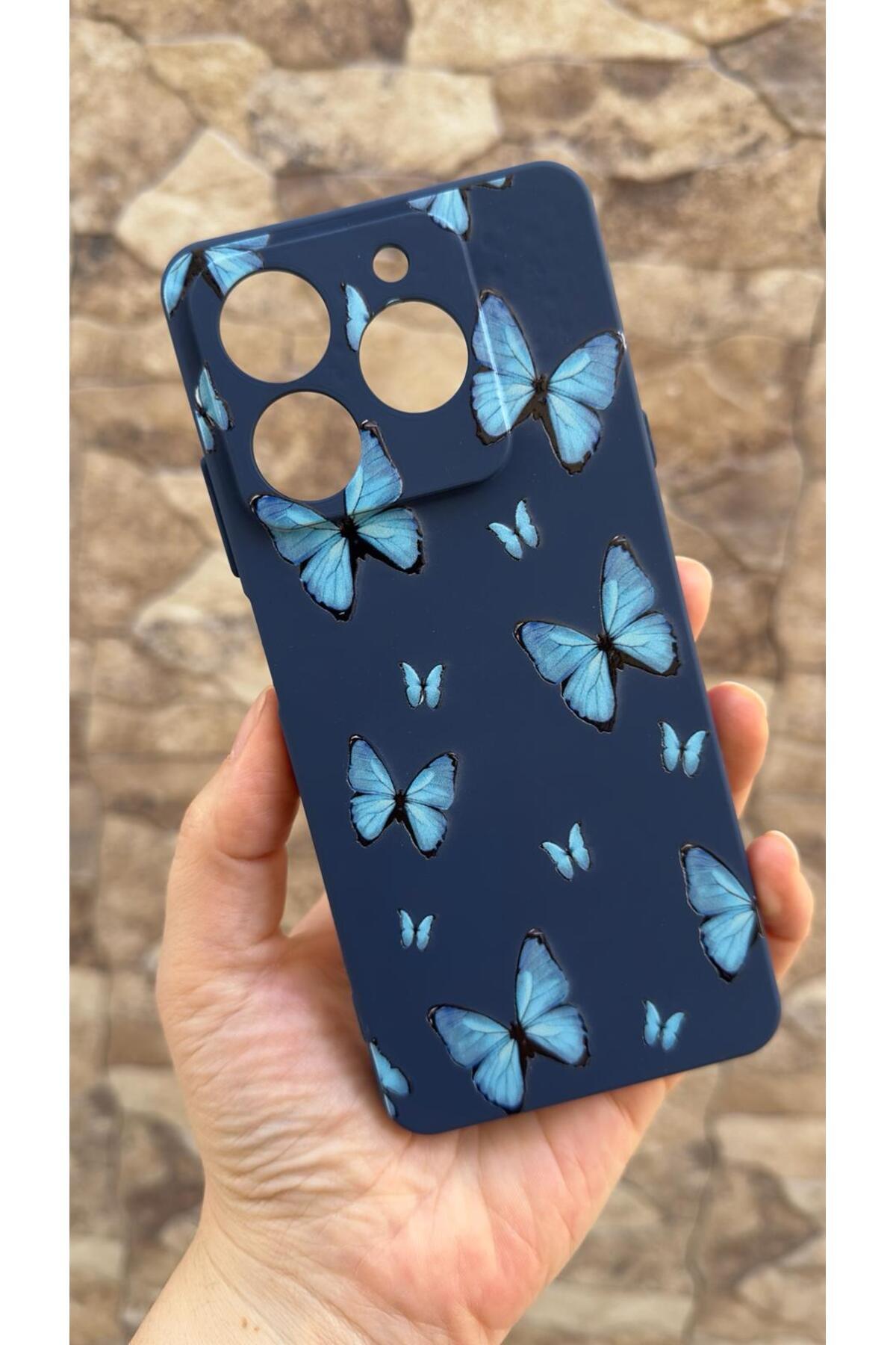 General Mobile Era 50 Uyumlu Mavi Kelebek Desenli Silikon Darbe Emici Klasik Korumalı Rubber Kılıf