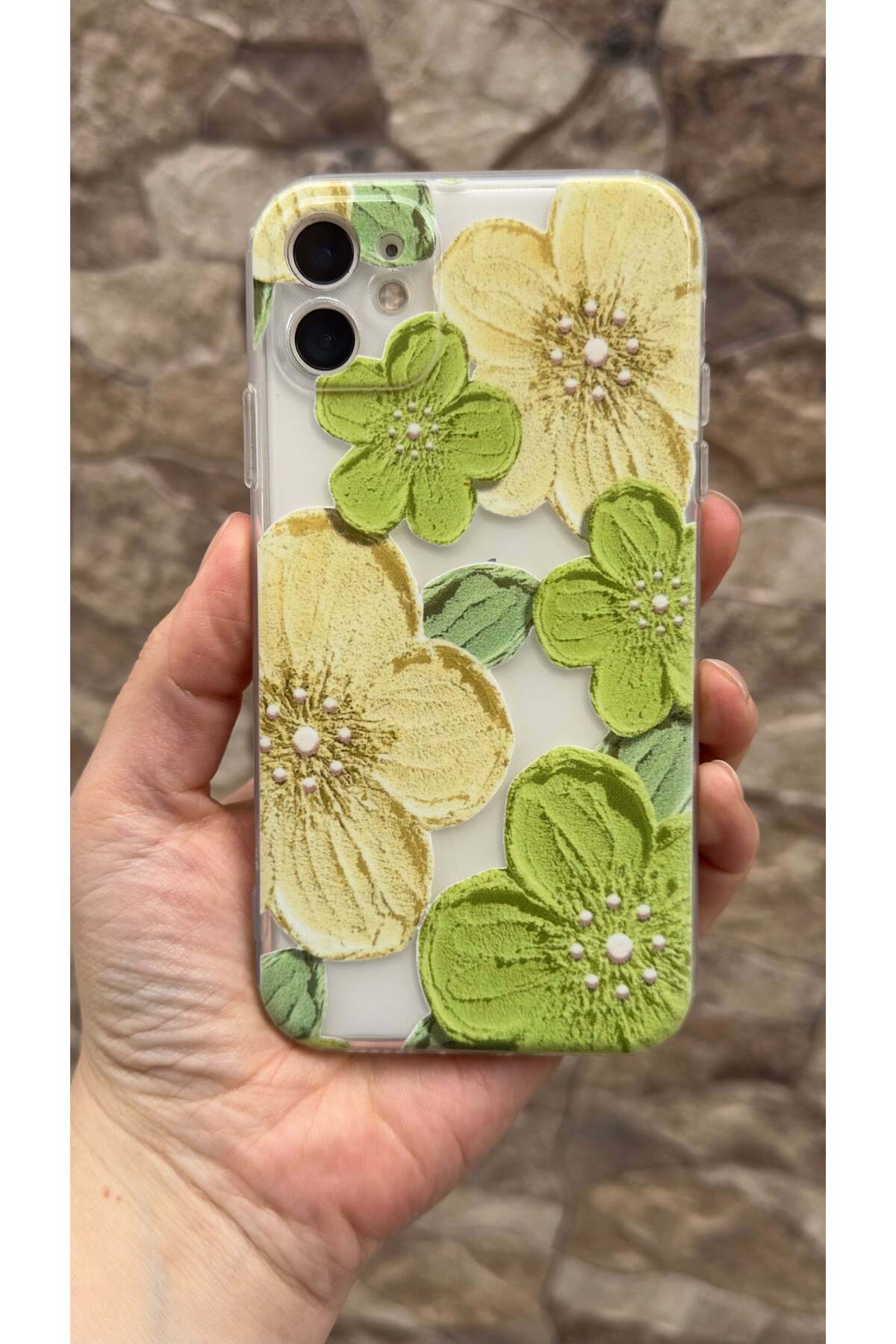 iPhone 11 Uyumlu Yeşil Çiçek Desenli Şeffaf Darbe Emici Kamera Korumalı Clear Kılıf