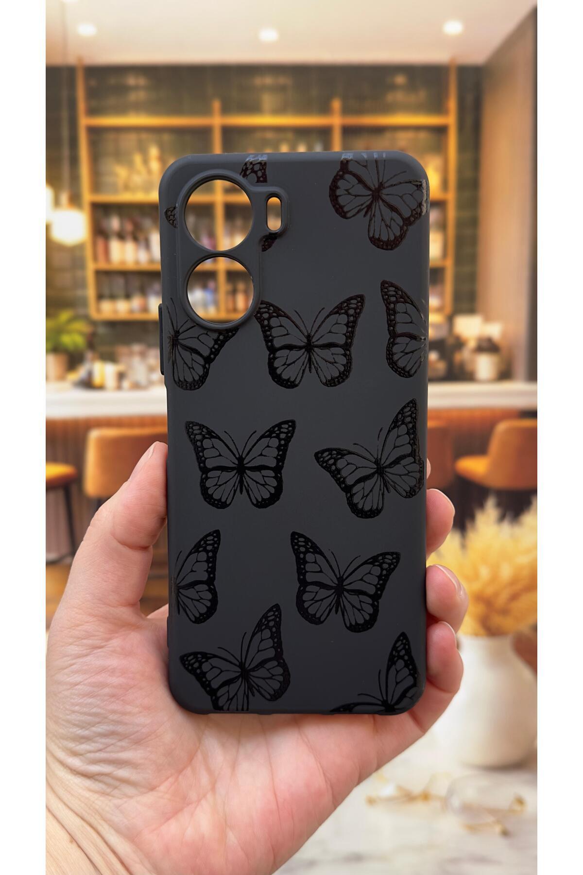 Vivo Y16 Uyumlu Siyah Kelebek Desenli Silikon Darbe Emici Klasik Korumalı Rubber Kılıf
