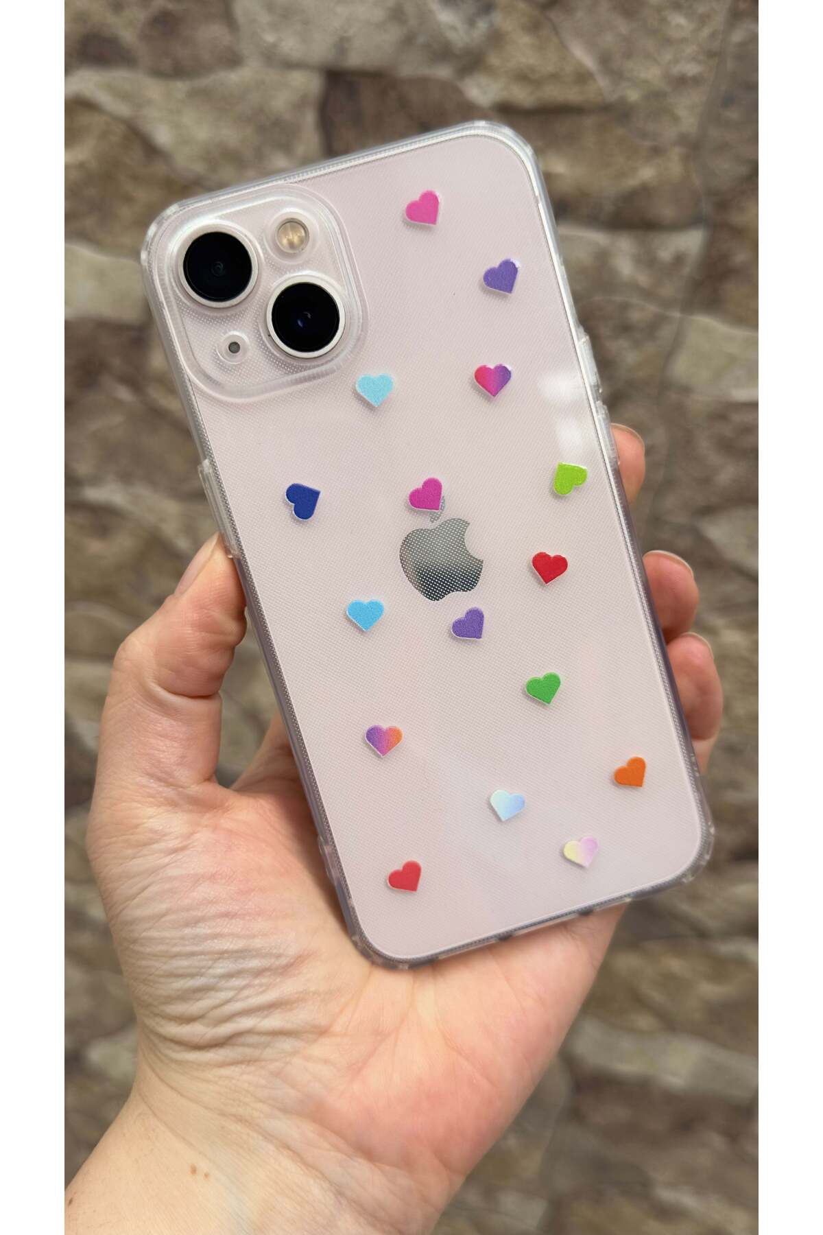 iPhone 13 Uyumlu Renkli Mini Kalp Desenli Şeffaf Darbe Emici Kamera Korumalı Clear Kılıf