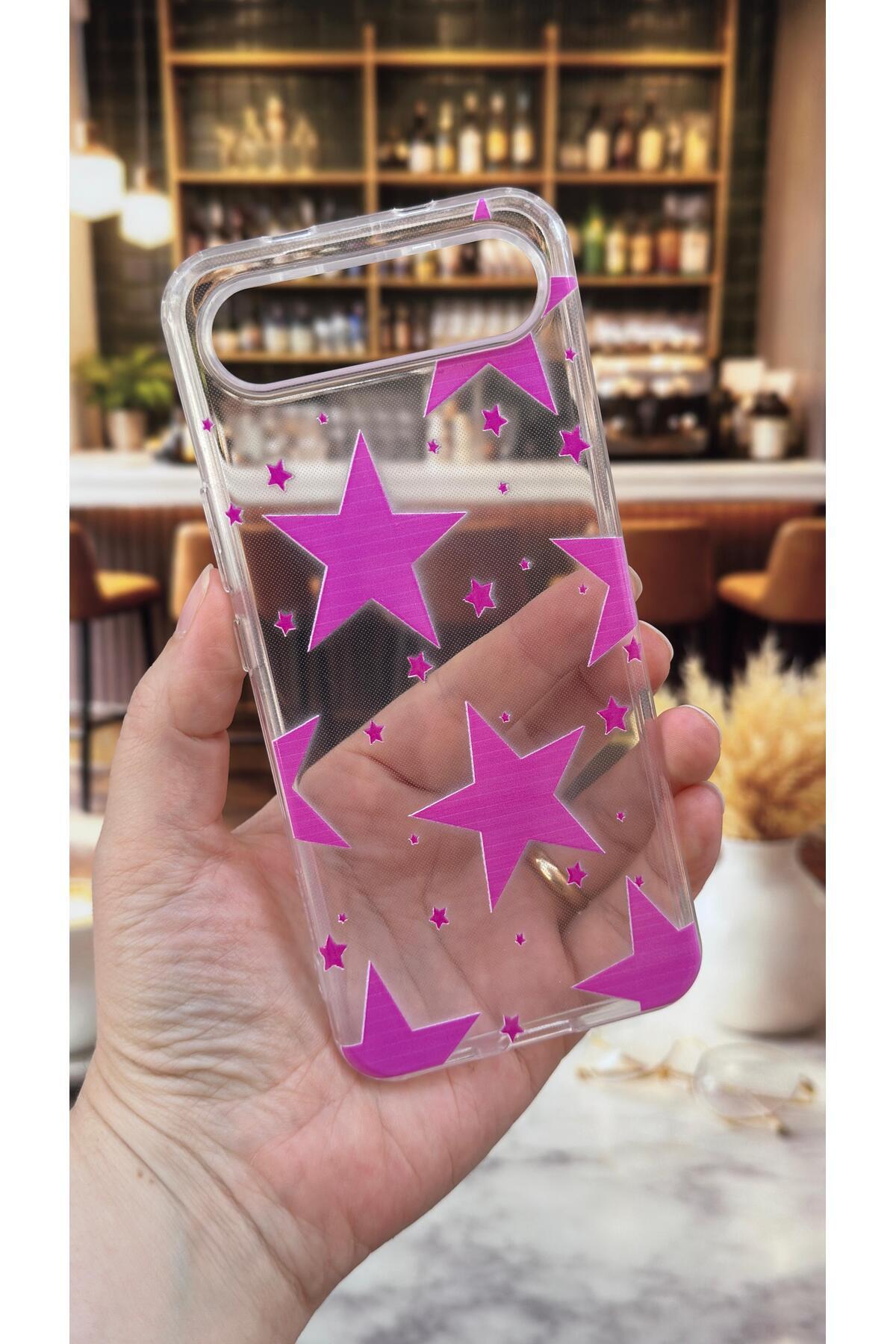 Tecno Spark Slim Uyumlu Pembe Yıldız Desenli Şeffaf Darbe Emici Kamera Korumalı Clear Kılıf