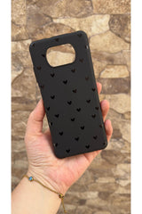 Poco X3 ve X3 Pro Uyumlu Mini Siyah Kalp Desenli Silikon Darbe Emici Klasik Korumalı Rubber Kılıf