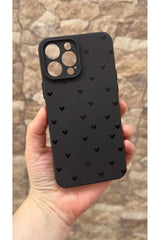 iPhone 13 Pro Max Uyumlu Mini Siyah Kalp Desenli Silikon Darbe Emici Klasik Korumalı Rubber Kılıf